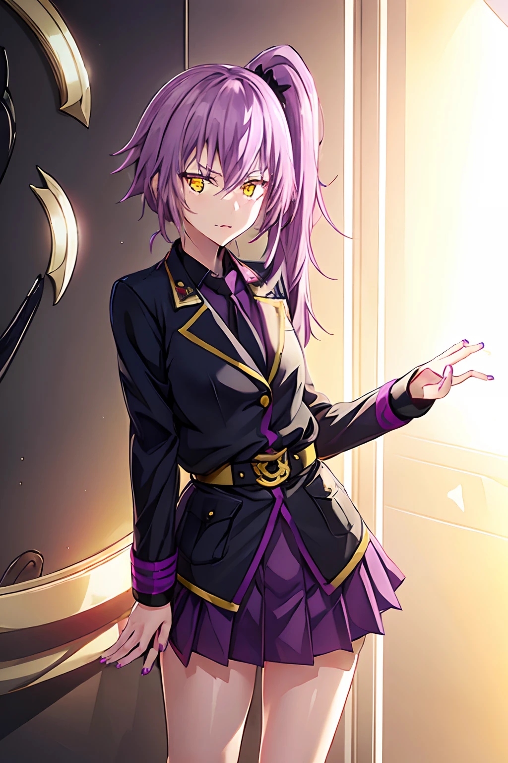 ((Work of art)))
a beautiful and cute girl, medium length purple hair tied in a side ponytail, (((bright golden eyes))),((purple nails))), she wears a military uniform with a black skirt and an armband on her left arm , ((scenario in burning hell)), standing, barefoot, serious expression