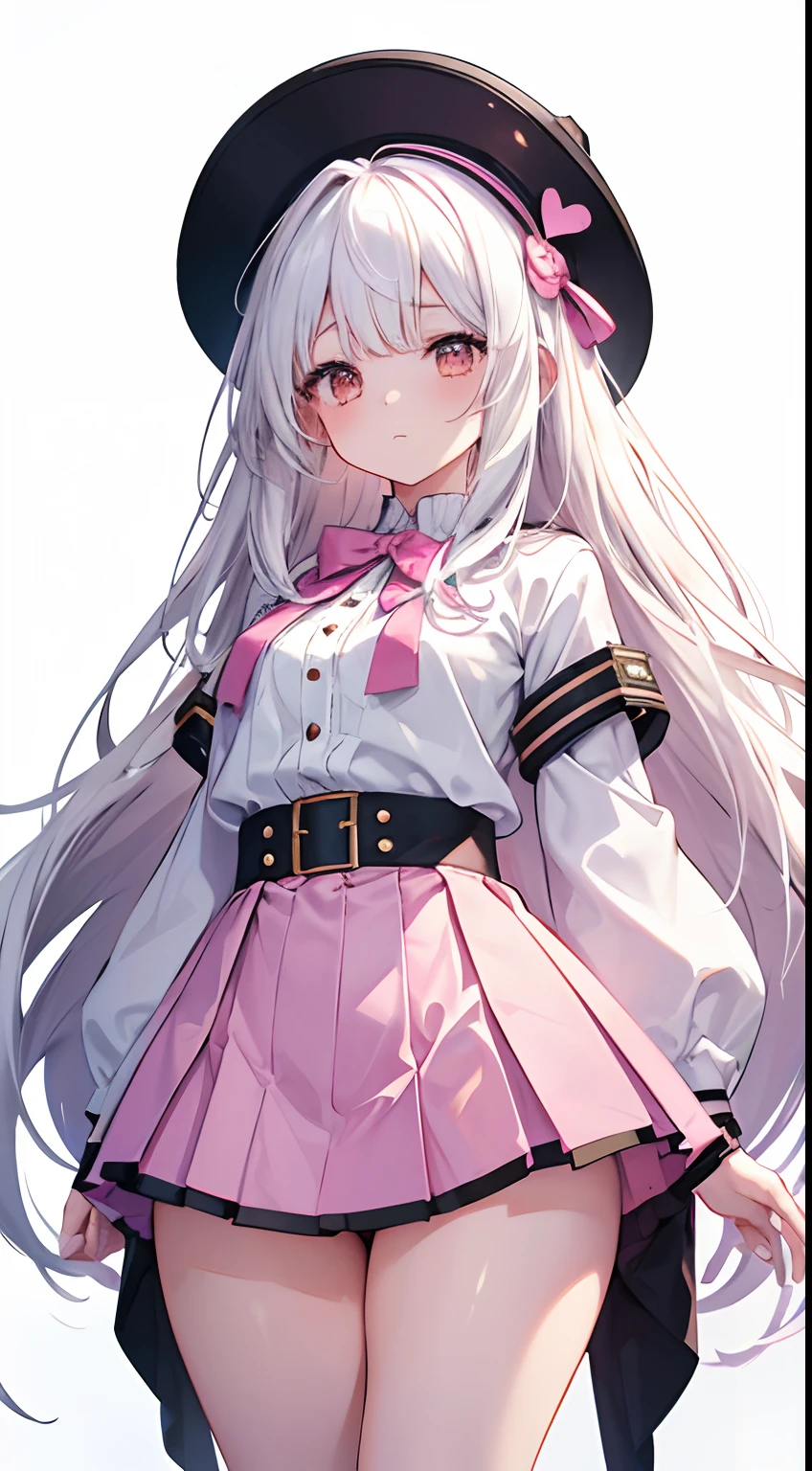masterpiece, best quality, 1girl, adult body, white hair, brown eyes, long hair, (old outfit), (80s), pink short skirt, front view, standing, lighting, (white background), effect heart, shy, headwear, hands behind the back, medium chest, thick legs, thick thighs