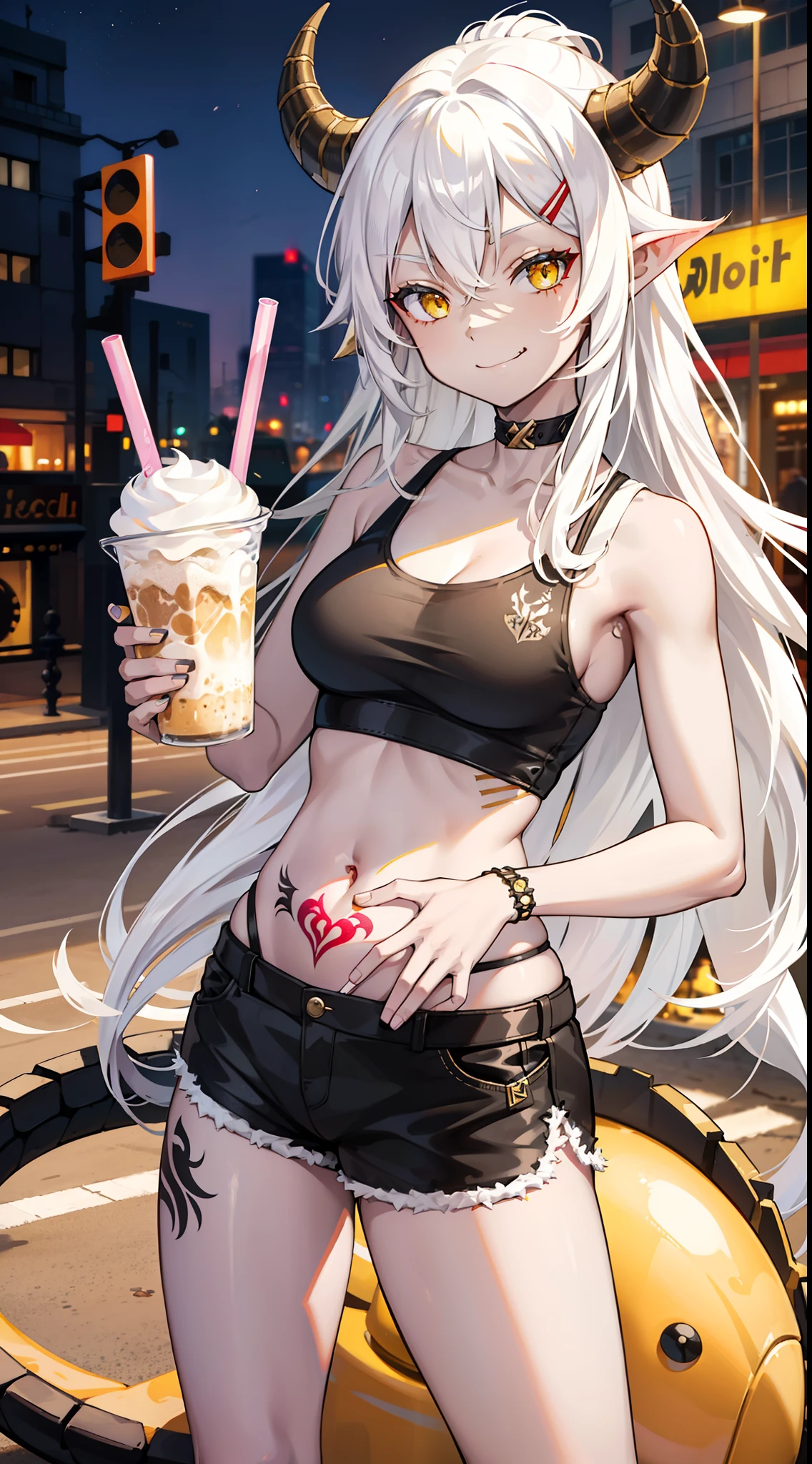 young girl, Long white hair, dragon horns, Yellow eyes, black skin, Ebony, white tanktop, open belly, Shorts, tattoo, smirk, milkshake, park background, Masterpiece, hiquality, 4k, HD, Good detail