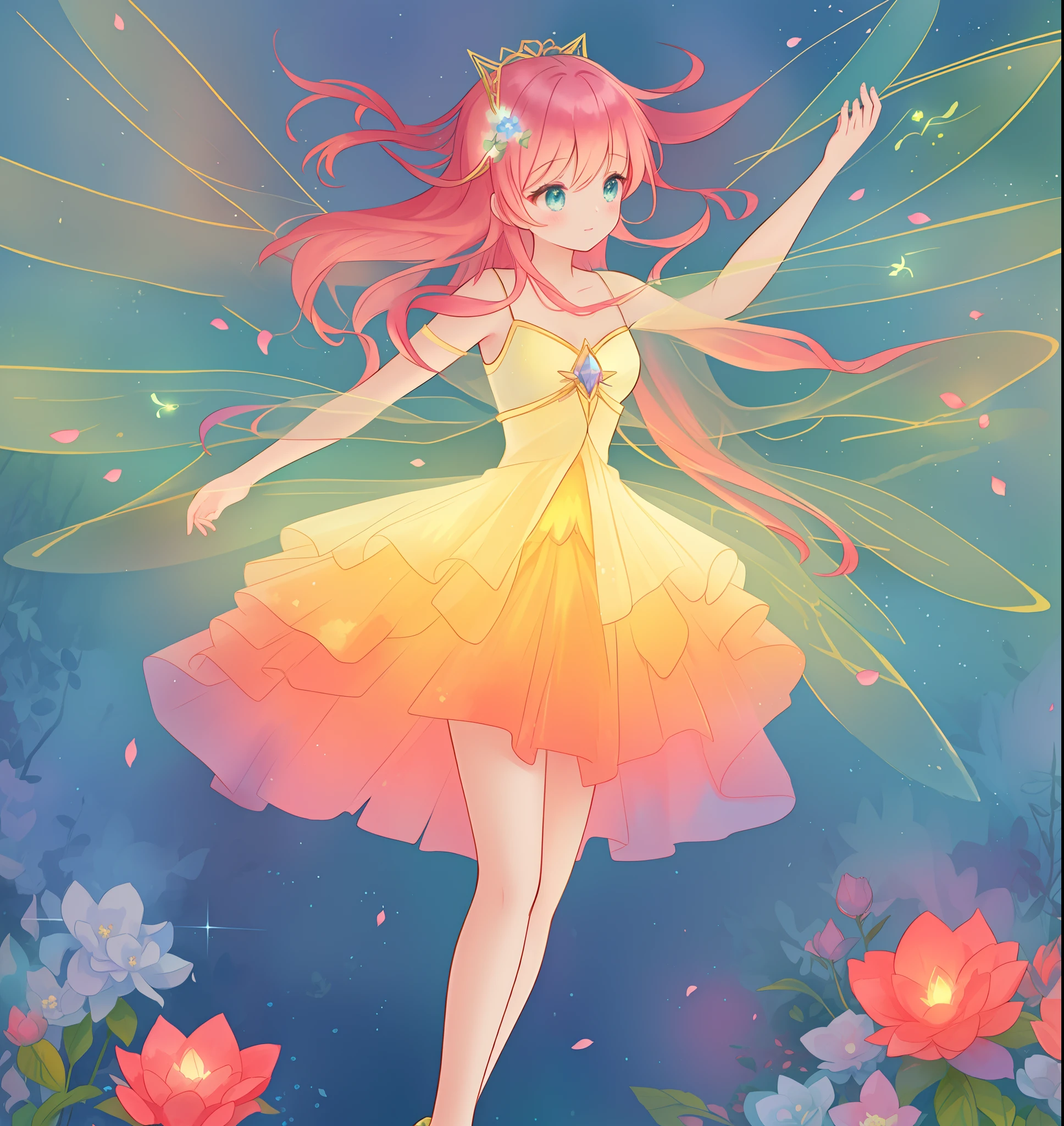 beautiful fairy girl in tiered layered dress, fairy dress made of flower petals, gradient layered tutu skirt, magical flowers, fairy queen, magical forest background, (glowing fairy wings), long wavy hair, sparkling fairy wings, watercolor illustration, flowers and colorful plants, inspired by Glen Keane, inspired by Lois van Baarle, disney art style, by Lois van Baarle, glowing aura around her, by Glen Keane, jen bartel, glowing lights! digital painting, flowing glowing hair, glowing flowing hair, beautiful digital illustration, fantasia otherworldly landscape plants flowers, beautiful, masterpiece, best quality, anime disney style
