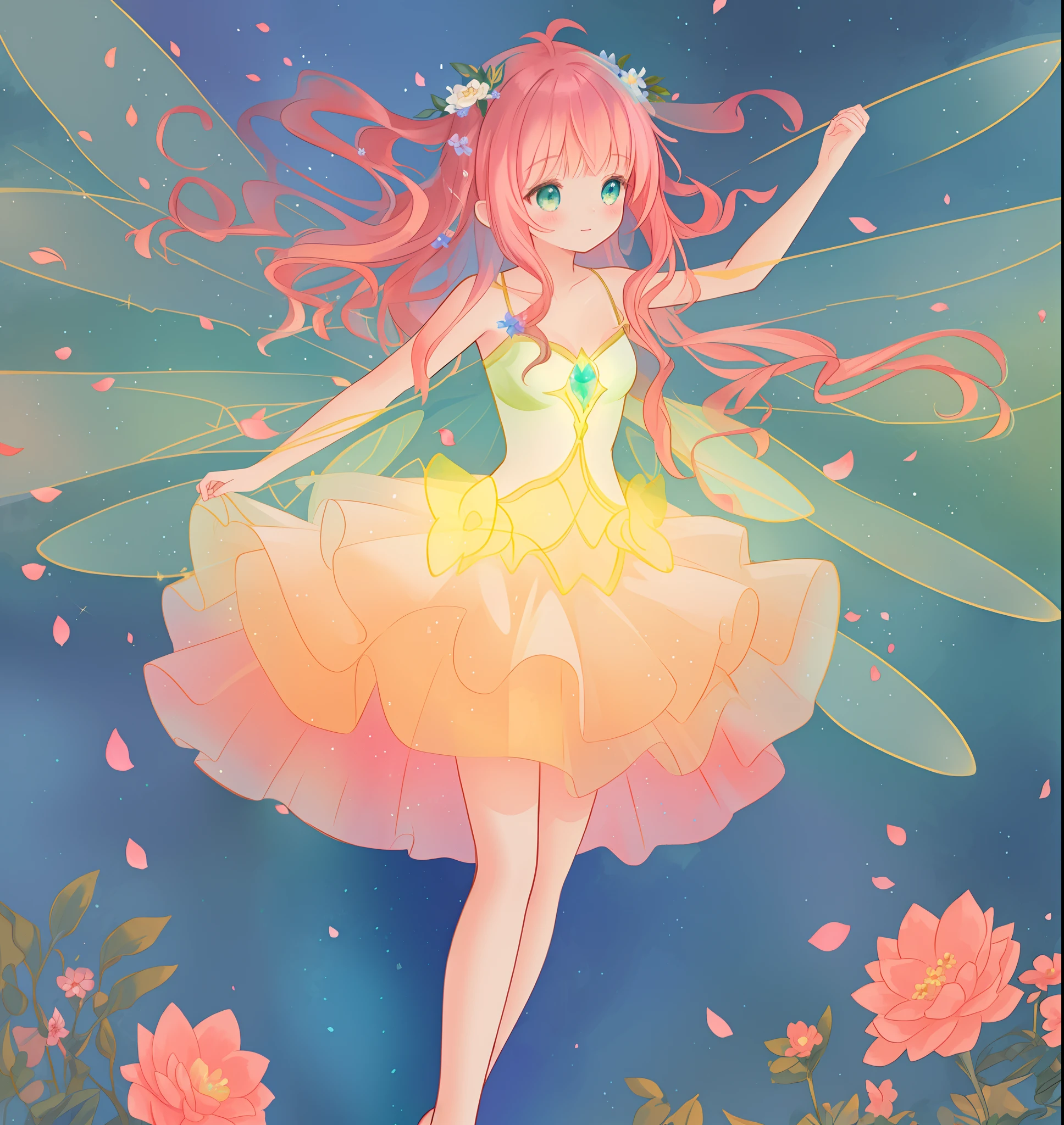 beautiful fairy girl in tiered layered dress, fairy dress made of flower petals, gradient layered tutu skirt, magical flowers, fairy queen, magical forest background, (glowing fairy wings), long wavy hair, sparkling fairy wings, watercolor illustration, flowers and colorful plants, inspired by Glen Keane, inspired by Lois van Baarle, disney art style, by Lois van Baarle, glowing aura around her, by Glen Keane, jen bartel, glowing lights! digital painting, flowing glowing hair, glowing flowing hair, beautiful digital illustration, fantasia otherworldly landscape plants flowers, beautiful, masterpiece, best quality, anime disney style