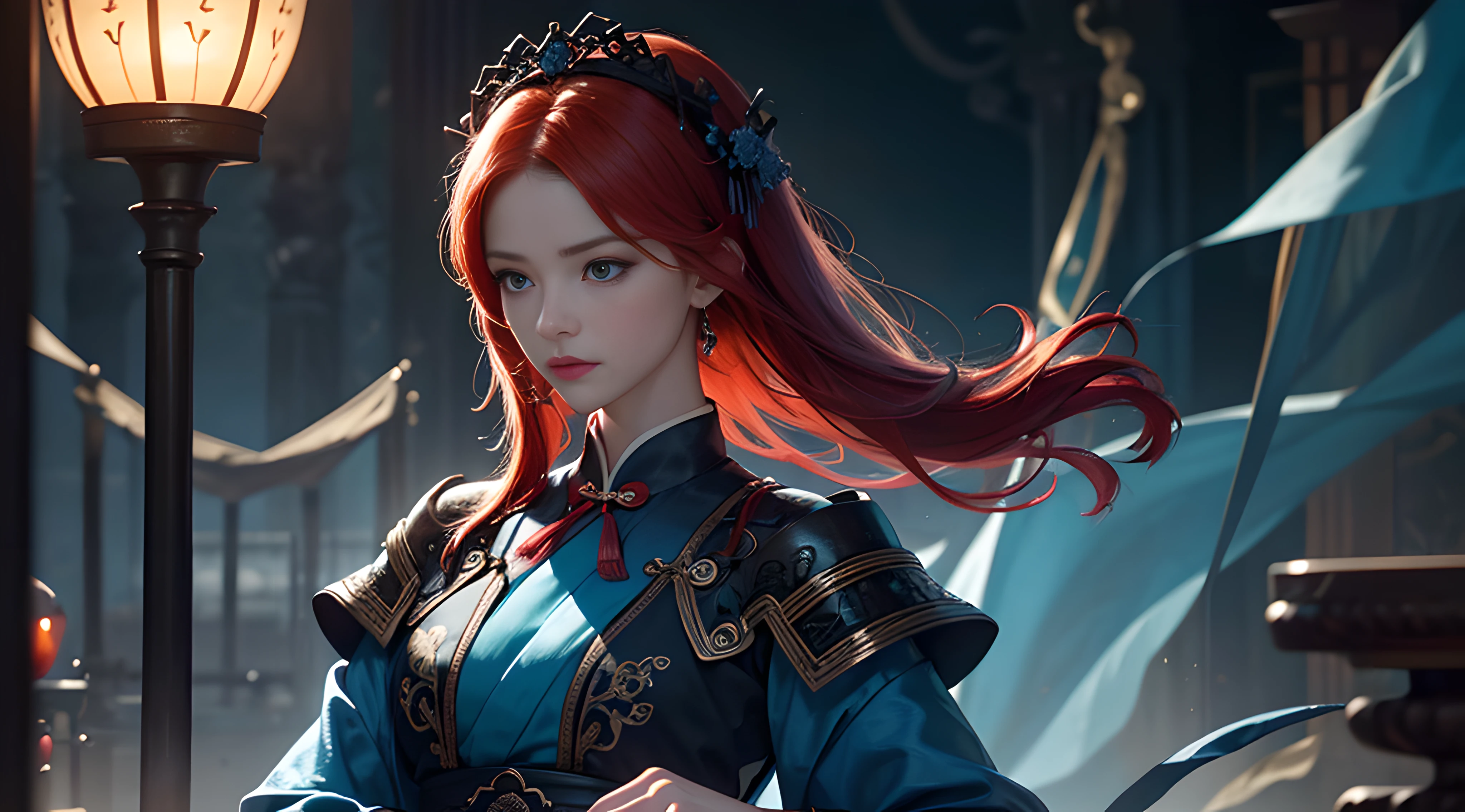 Official Art, Unity 8k wallpaper, super detailed, beautiful, beautiful, closeup potography, cinematic photo, masterpiece, best quality, dark, atmospheric, mystical, romantic, creepy, literature, art, fashion, ming and qing dynasties, decoration, intricate, ironwork, embroidery, contemplation, emotional depth, supernatural, hanfu, 1 girl, red hair, bright blue eyes, closeup, upperbody, cinematic, depth of field, bokeh, 35mm, solo, neck, bust composition