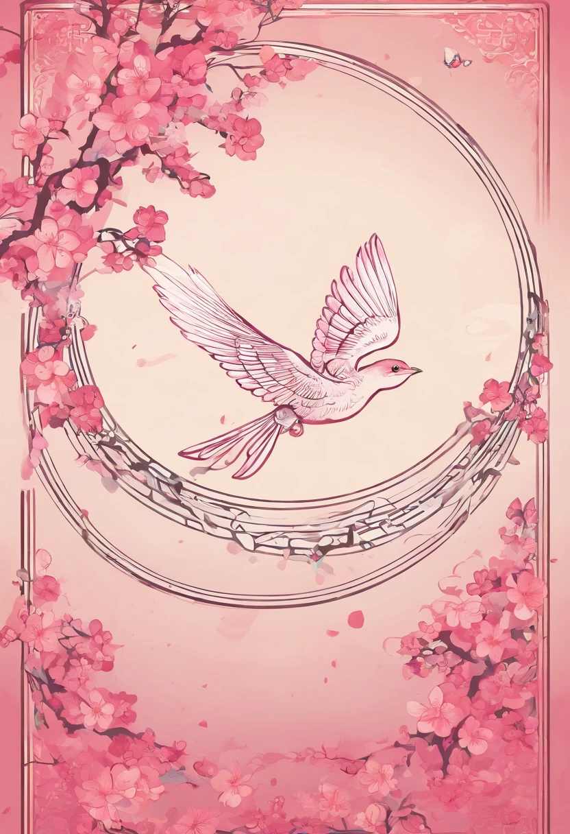 Flying cherry blossoms ,( glute, illustration,Ancient beauty,Beautiful posture,Photograph the body sideways with the camera,Curvy body)(The characters are again located below the picture)(((Hand drawn illustrations))),(A few little flying swallows),((pink gradient background)),illustration,poster for,,abstract paintings,Disney style,Clear contour illumination,rim-light,fanciful,A small amount of cherry blossoms,(((Chinese landscape painting style,Product posters))),Vector graphics