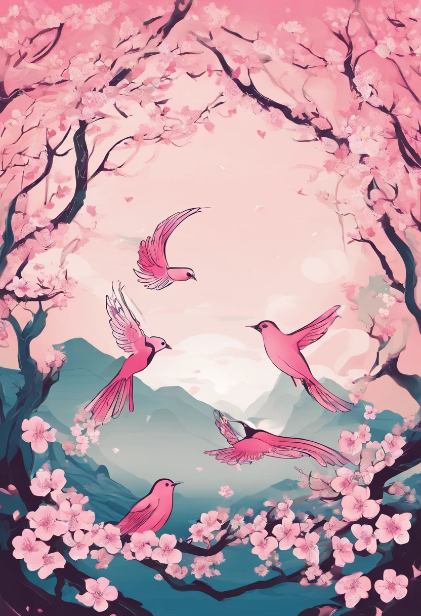 Flying cherry blossoms ,( glute, illustration,Ancient beauty,Beautiful posture,Photograph the body sideways with the camera,Curvy body)(The characters are again located below the picture)(((Hand drawn illustrations))),(A few little flying swallows),((pink gradient background)),illustration,poster for,,abstract paintings,Disney style,Clear contour illumination,rim-light,fanciful,A small amount of cherry blossoms,(((Chinese landscape painting style,Product posters))),Vector graphics
