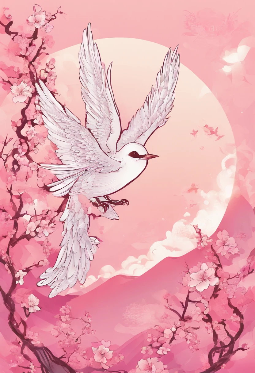 Flying cherry blossoms ,（ glute, illustration，Ancient beauty，Beautiful posture，Photograph the body sideways with the camera，Curvy body）（The characters are again located below the picture）（（（Hand drawn illustrations））），（A few little flying swallows），（（pink gradient background）），illustration，poster for，，abstract paintings，Disney  style，Clear contour illumination，rim-light，fanciful，A small amount of cherry blossoms，（（（Chinese landscape painting style，Product posters））），Vector graphics