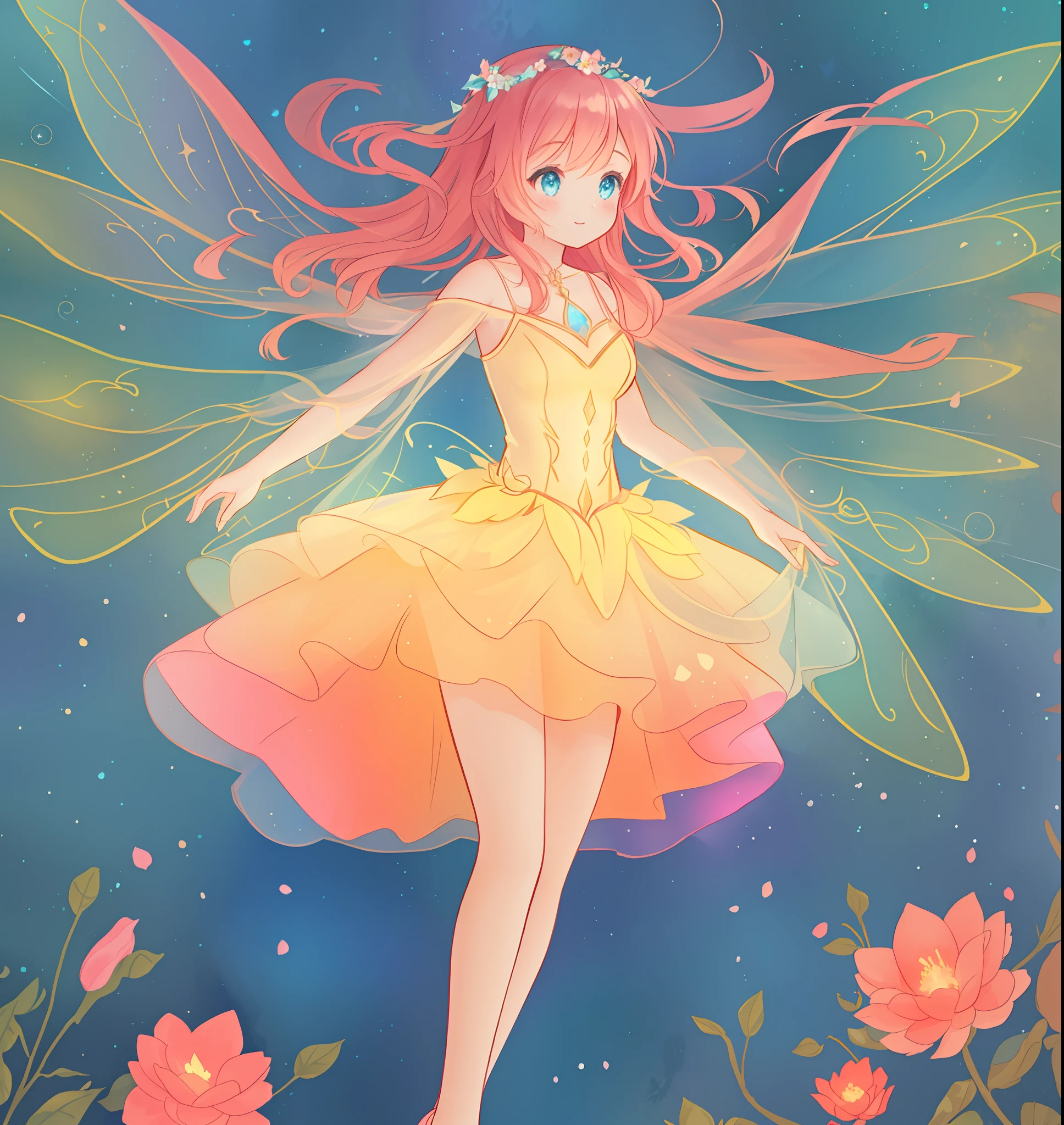 beautiful girl in flowing tiered layered ballgown dress, fairy dress, fairy queen, magical forest background, (glowing fairy wings), glowing flowing ballgown, long wavy hair, sparkling fairy wings, watercolor illustration, flowers and colorful plants, inspired by Glen Keane, inspired by Lois van Baarle, disney art style, by Lois van Baarle, glowing aura around her, by Glen Keane, jen bartel, glowing lights! digital painting, flowing glowing hair, glowing flowing hair, beautiful digital illustration, fantasia otherworldly landscape plants flowers, beautiful, masterpiece, best quality, anime disney style