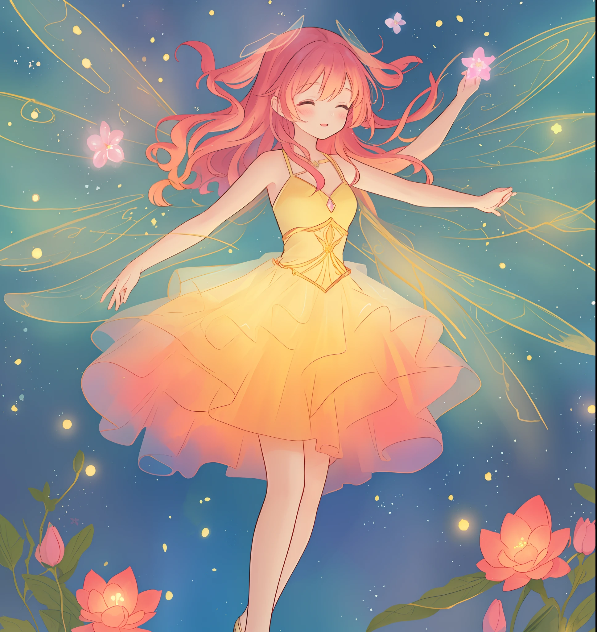 beautiful girl in flowing tiered layered ballgown dress, fairy dress, fairy queen, magical forest background, (glowing fairy wings), glowing flowing ballgown, long wavy hair, sparkling fairy wings, watercolor illustration, flowers and colorful plants, inspired by Glen Keane, inspired by Lois van Baarle, disney art style, by Lois van Baarle, glowing aura around her, by Glen Keane, jen bartel, glowing lights! digital painting, flowing glowing hair, glowing flowing hair, beautiful digital illustration, fantasia otherworldly landscape plants flowers, beautiful, masterpiece, best quality, anime disney style