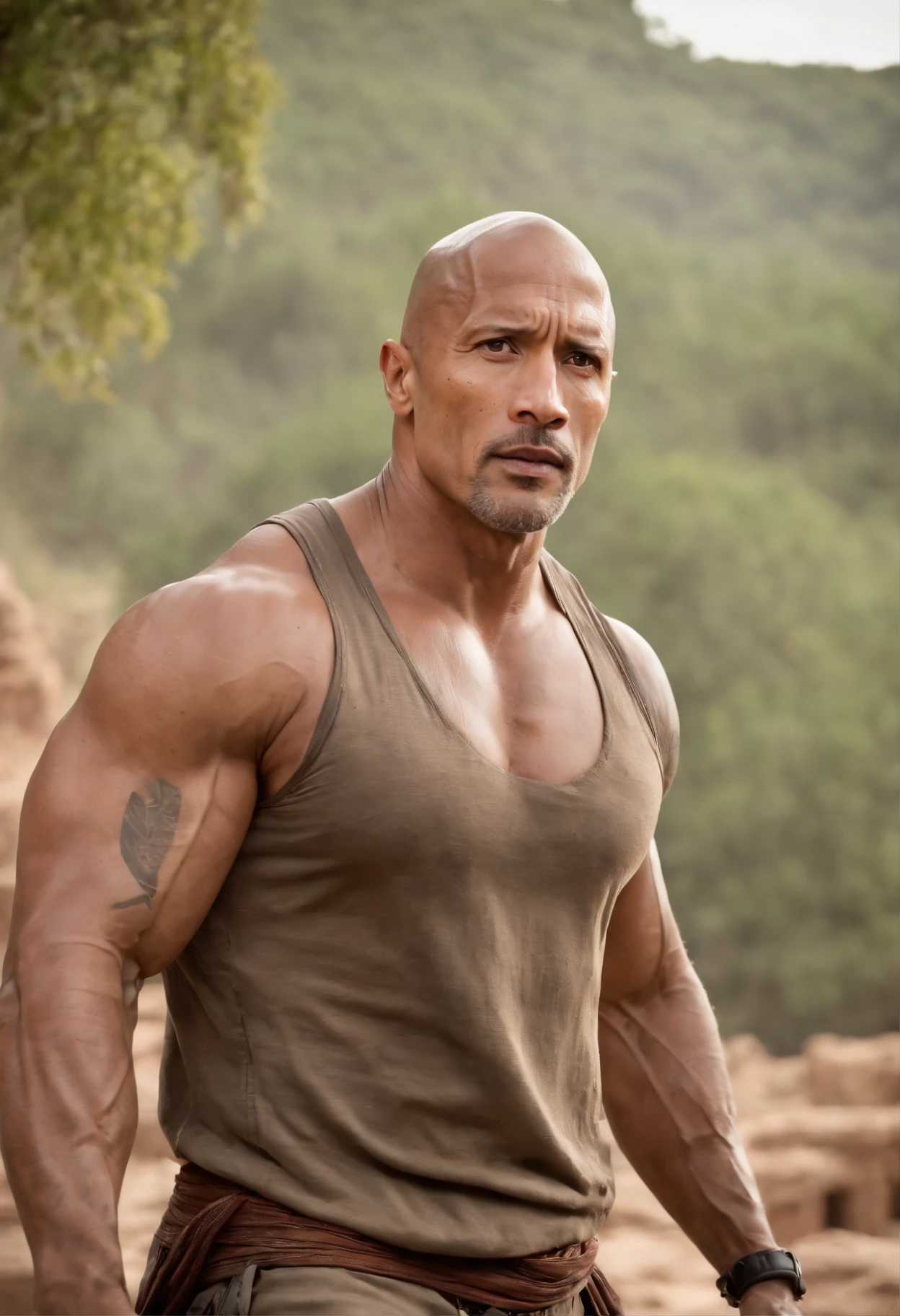 /imagine Dwayne "The Rock" Johnson playing the role of an intrepid adventurer exploring the ancient ruins of a lost civilization.