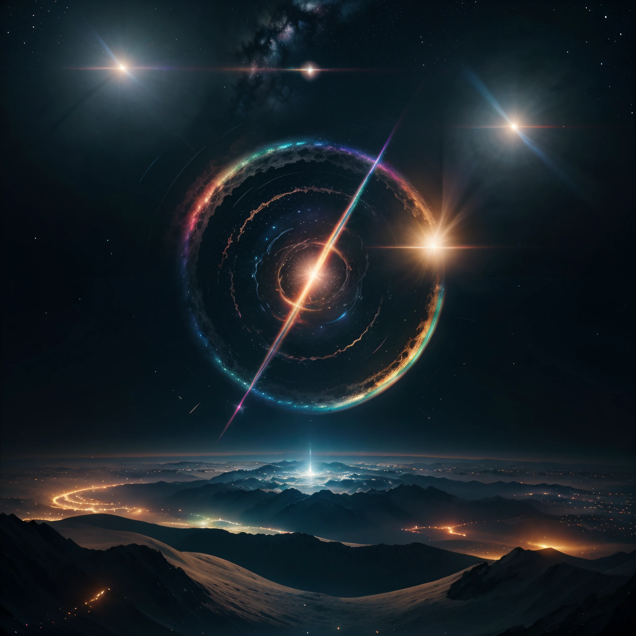 a colorful background, streaming, endless cosmos in the background, stunning screensaver, hd screenshot, still of rainbow ophanim, on a galaxy looking background, , a still of an ethereal, expansive cinematic view, , fantasy and cosmic horror movie, harmony of the universe