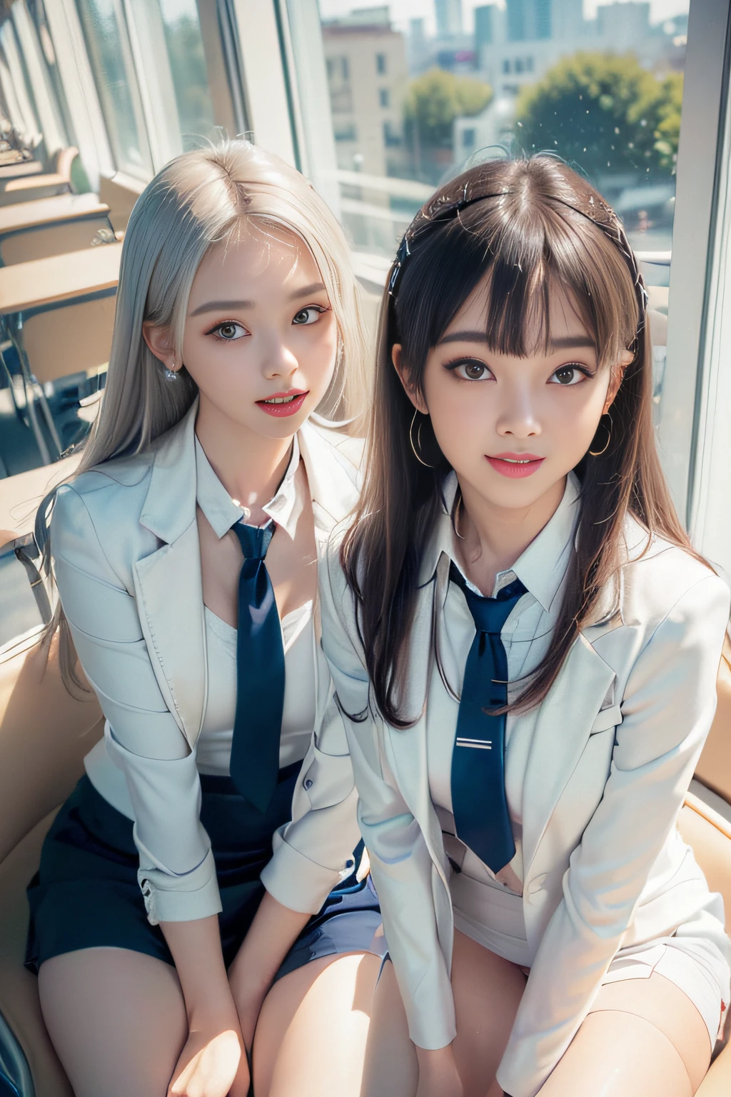 ((Girl on all fours in the office)),(((posterior view)))、 Silver hair, bangs, Blunt bangs, Long straight hair, aqua eyes, long eyelasher, solid circle eyes, Makeup, Open mouth, Blush, parted lip, Bright pupils, smiley, Seductive smile, Reflectors, surrealism, modern、Black pantyhose、Hazy skyscrapers outside the window、mix4、((stick out buttocks))、Provocative、((Girl sitting on chair in classroom)), Silver hair, bangs, Blunt bangs, Long straight hair, (side pony tail)aqua eyes, long eyelasher, solid circle eyes, Makeup, Open mouth, Blush, parted lip, Bright pupils, smiley, Seductive smile, Reflectors, surrealism, modern,(long whitr hair)、high school classroom、((校服:1.4、navy skirt))、((white suit jacket))、low tune、(white shirt、red necktie、: 1.6)、((White T-back panties visible))、