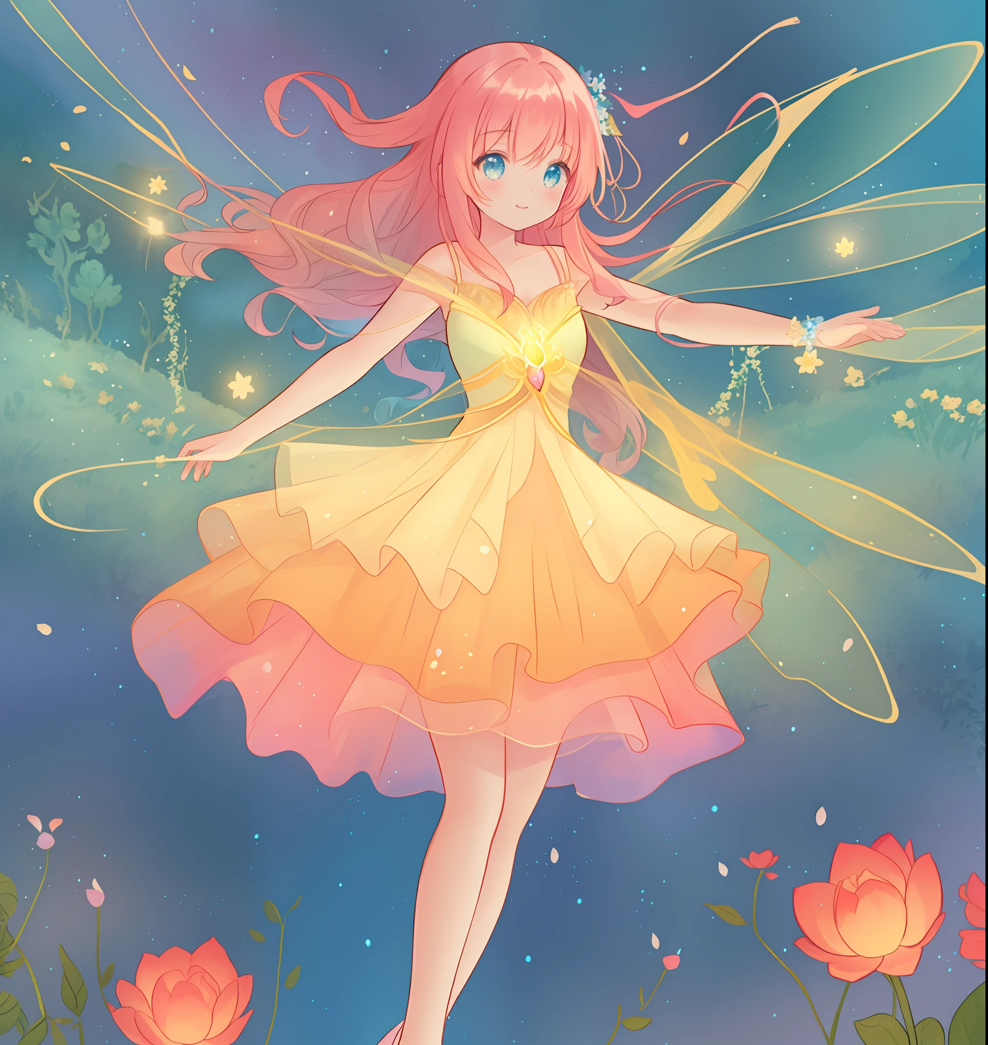 beautiful girl in flowing tiered layered ballgown dress, fairy dress, fairy queen, magical forest background, (glowing fairy wings), glowing flowing ballgown, long wavy hair, sparkling fairy wings, watercolor illustration, flowers and colorful plants, inspired by Glen Keane, inspired by Lois van Baarle, disney art style, by Lois van Baarle, glowing aura around her, by Glen Keane, jen bartel, glowing lights! digital painting, flowing glowing hair, glowing flowing hair, beautiful digital illustration, fantasia otherworldly landscape plants flowers, beautiful, masterpiece, best quality, anime disney style