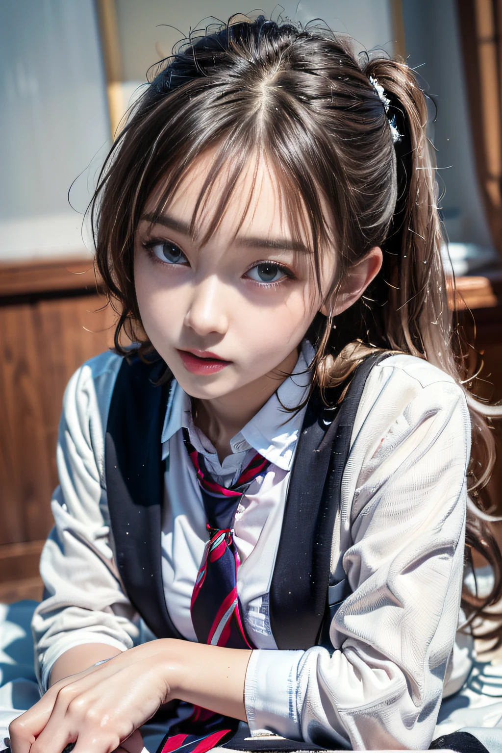 ((Girl lying on the floor)）, Silver hair, bangs, Blunt bangs, Long straight hair, （side pony tail）aqua eyes, long eyelasher, solid circle eyes, Makeup, Open mouth, Blush, parted lip, Bright pupils, smiley, Seductive smile, Reflectors, surrealism, modern,(long whitr hair)、high school classroom、((校服:1.4、navy skirt)）、((white suit jacket))、Black pantyhose、low tune、(white  shirt、red necktie、: 1.6)、