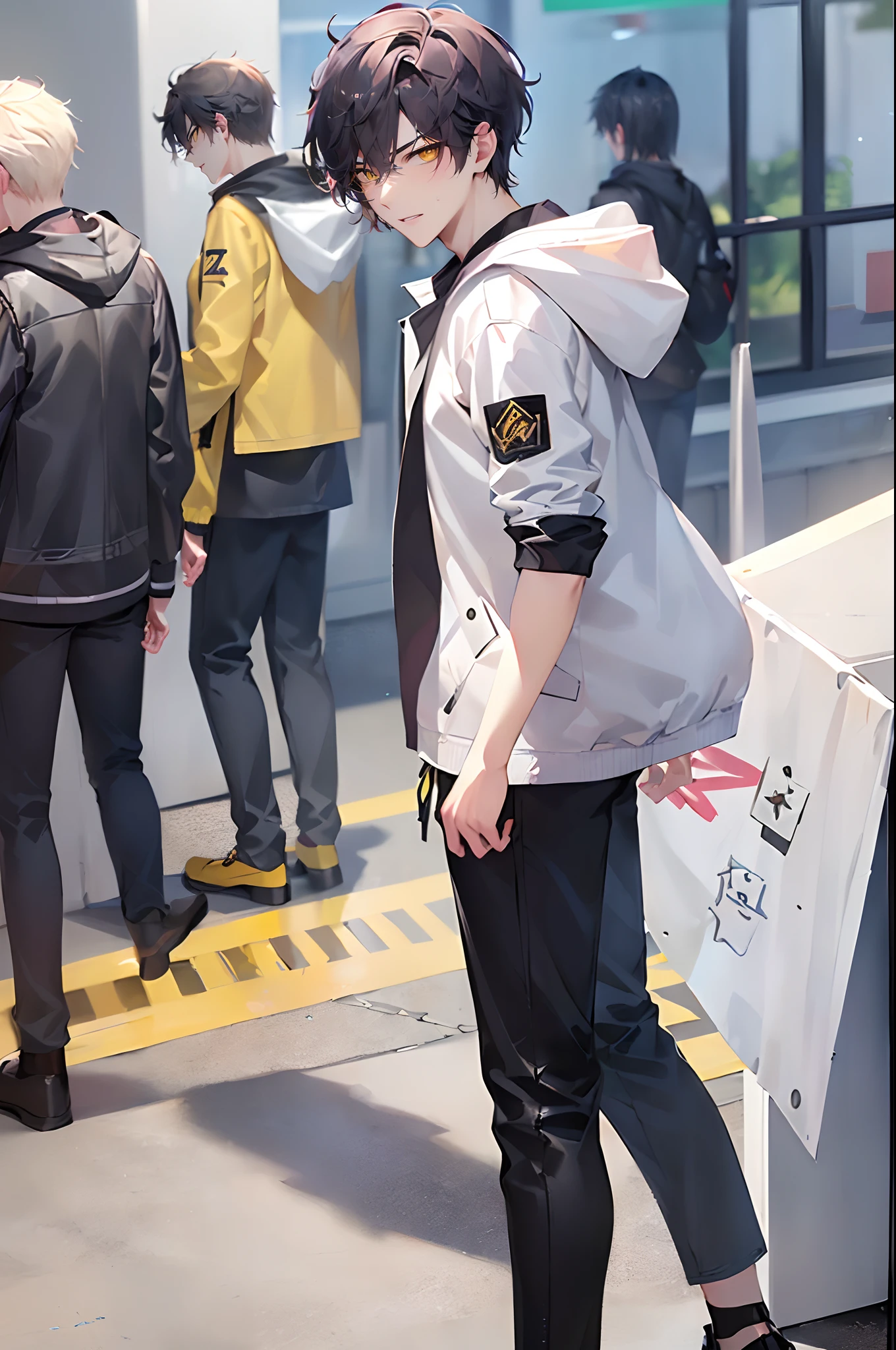 (4K works))、masterpiece、(top-quality)、In front of the wall、Korean Male、Adult male、((Adult 26 years old))、((Face similar to Hyun Jin))、Cool Men、tall、((Glaring expression))、((Strong eyes))、((Wearing a white T-shirt and hooded jacket、Wearing long black pants))、((Wear a black mask))、((smaller face))、Slim body、((How to stand selling fights))、((Cheeky way of standing))、((hooligan))、((Black short-haired))、((Yellow eyes))、((shot from front))、((Looking down on the viewer))、((rearing))、Head Scratching Pose、((Shot alone))、((Solo Photography))