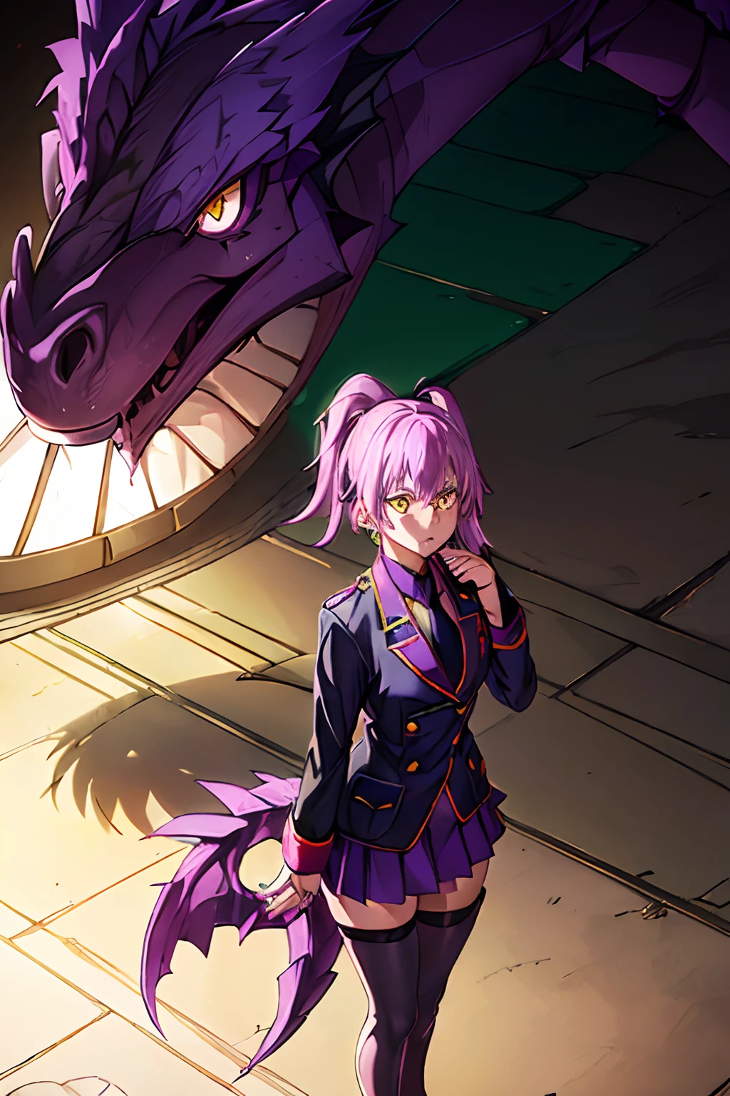 ((Work of art)))
a beautiful and cute girl, medium length purple hair tied in a side ponytail, (((bright golden eyes))),((purple nails))), she wears a military uniform with a black skirt and an armband on her left arm , ((scene of a giant dragon flying in the scenery)), standing, barefoot, serious expression, (((hiding hands)))