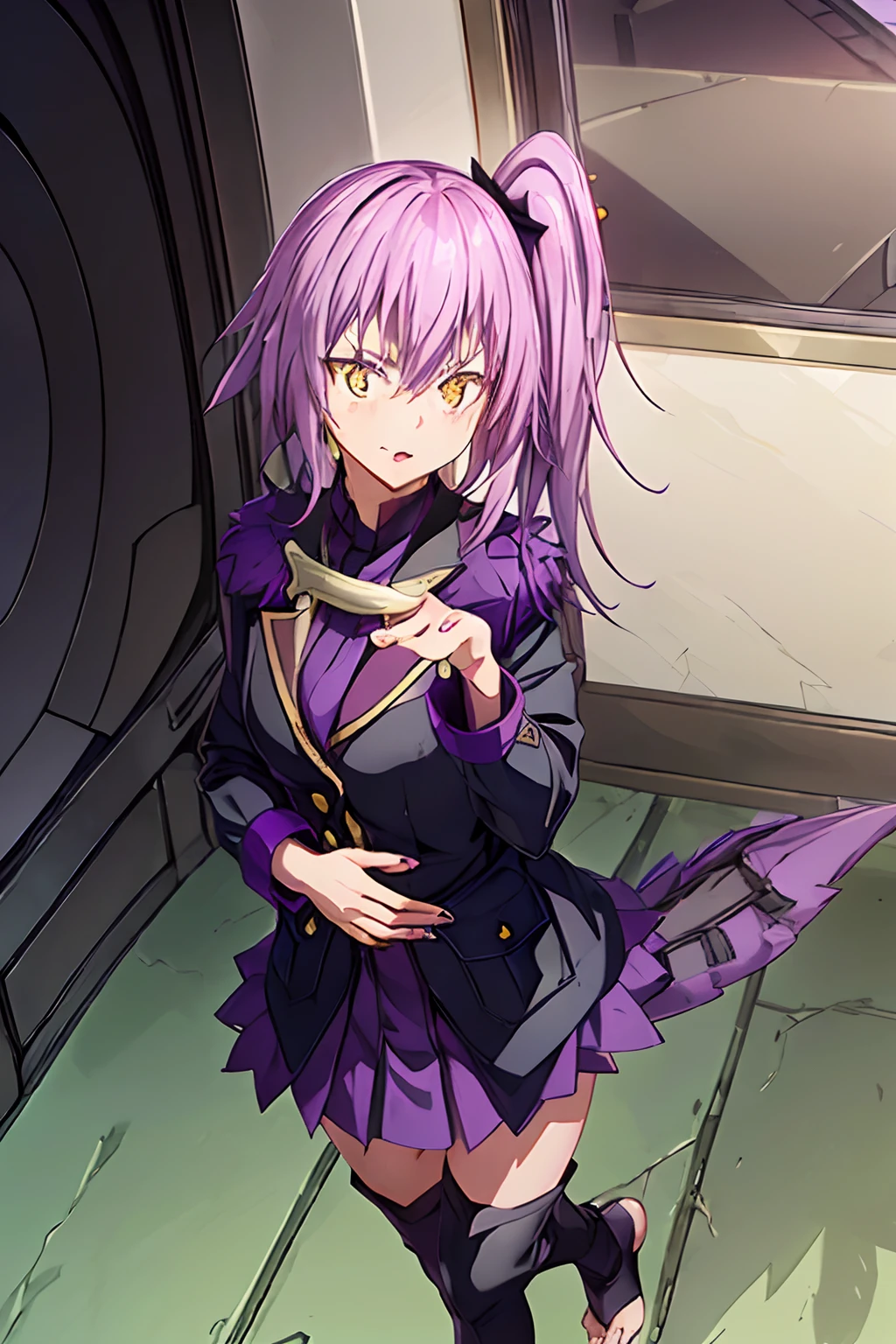 ((Work of art)))
a beautiful and cute girl, medium length purple hair tied in a side ponytail, (((bright golden eyes))),((purple nails))), she wears a military uniform with a black skirt and an armband on her left arm , ((scene of a giant dragon flying in the scenery)), standing, barefoot, serious expression, (((hiding hands)))