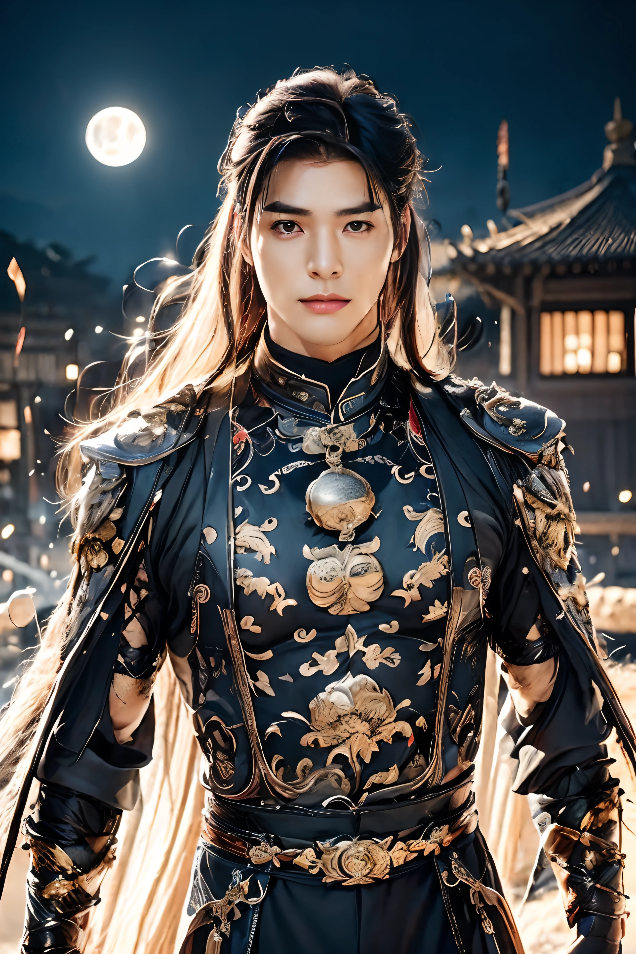 A 21-year-old Asian man，Thick eyebrows，Melon seed face，Handsome face，Men's full body ，A transparent streamer is tied to the body and flutters in the wind，The background is an ancient Chinese town，Time is night。Deep blue sky，A full moon，Lots of black lanterns，Pavilions and arch bridges，His skin is fair，He is slender,  The limbs have pronounced muscle lines，high-definition photography，Real-world scenarios，Lots of detail, wearing black long coat, black long pants, black turtleneck shirt, lightning, magic, messy long hair, battle pose, warrior, looking at viewer, warrior leader, pride, stronger leader