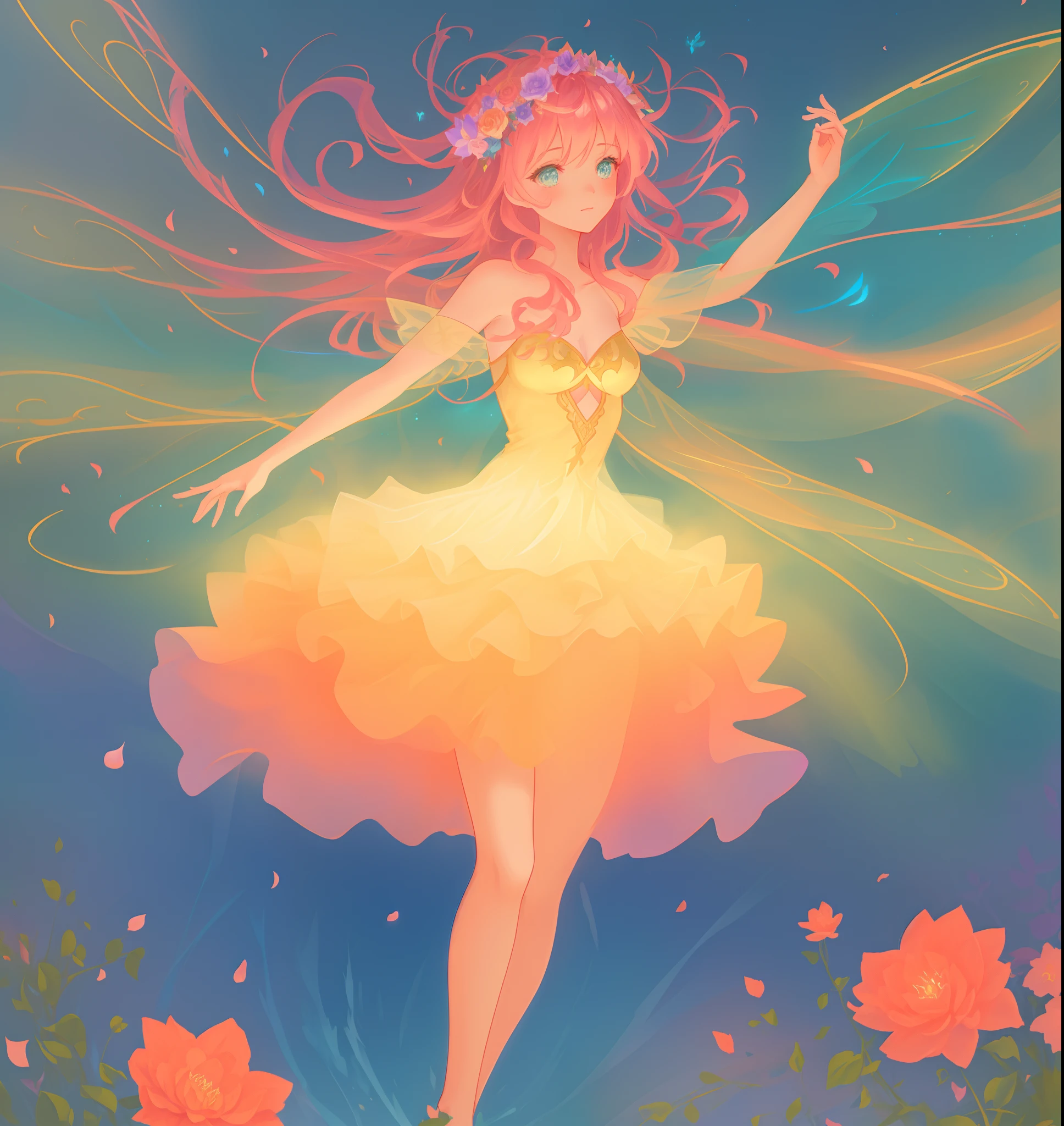 beautiful girl in flowing tiered layered ballgown dress, fairy dress, fairy queen, magical forest background, (glowing fairy wings), glowing flowing ballgown, long wavy hair, sparkling fairy wings, watercolor illustration, flowers and colorful plants, inspired by Glen Keane, inspired by Lois van Baarle, disney art style, by Lois van Baarle, glowing aura around her, by Glen Keane, jen bartel, glowing lights! digital painting, flowing glowing hair, glowing flowing hair, beautiful digital illustration, fantasia otherworldly landscape plants flowers, beautiful, masterpiece, best quality, anime disney style