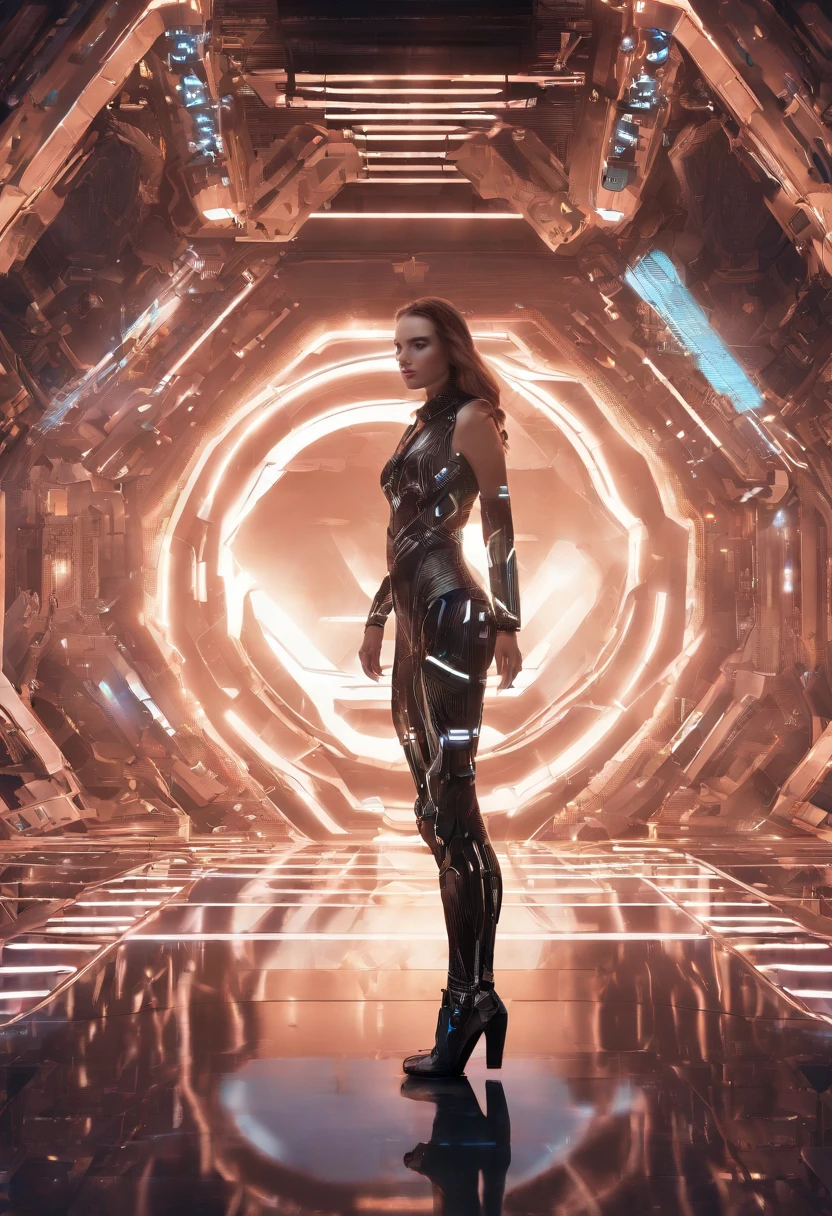 Cyborg woman wearing a futuristic leotard (high waisted leotard), dark cyberpunk scenario, darksynth aesthetic, augmentation, robotic parts, perfect body, ultra detailed.