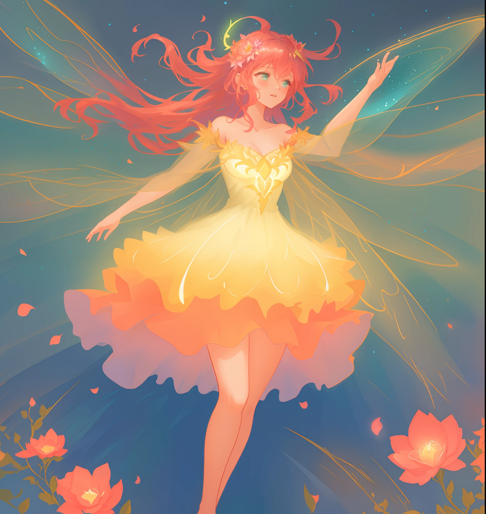 beautiful girl in flowing tiered layered ballgown dress, fairy dress, fairy queen, magical forest background, (glowing fairy wings), glowing flowing ballgown, long wavy hair, sparkling fairy wings, watercolor illustration, flowers and colorful plants, inspired by Glen Keane, inspired by Lois van Baarle, disney art style, by Lois van Baarle, glowing aura around her, by Glen Keane, jen bartel, glowing lights! digital painting, flowing glowing hair, glowing flowing hair, beautiful digital illustration, fantasia otherworldly landscape plants flowers, beautiful, masterpiece, best quality, anime disney style