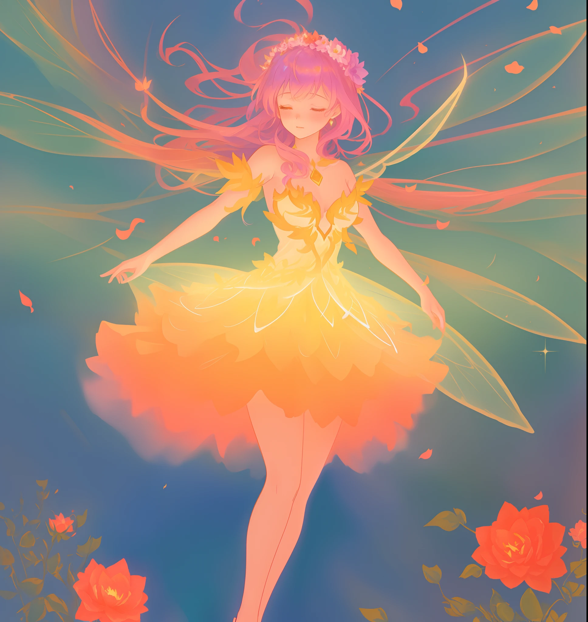beautiful fairy girl in tiered layered dress, fairy dress made of flower petals, gradient layered tutu skirt, magical flowers, fairy queen, magical forest background, (glowing fairy wings), long wavy hair, sparkling fairy wings, watercolor illustration, flowers and colorful plants, inspired by Glen Keane, inspired by Lois van Baarle, disney art style, by Lois van Baarle, glowing aura around her, by Glen Keane, jen bartel, glowing lights! digital painting, flowing glowing hair, glowing flowing hair, beautiful digital illustration, fantasia otherworldly landscape plants flowers, beautiful, masterpiece, best quality, anime disney style