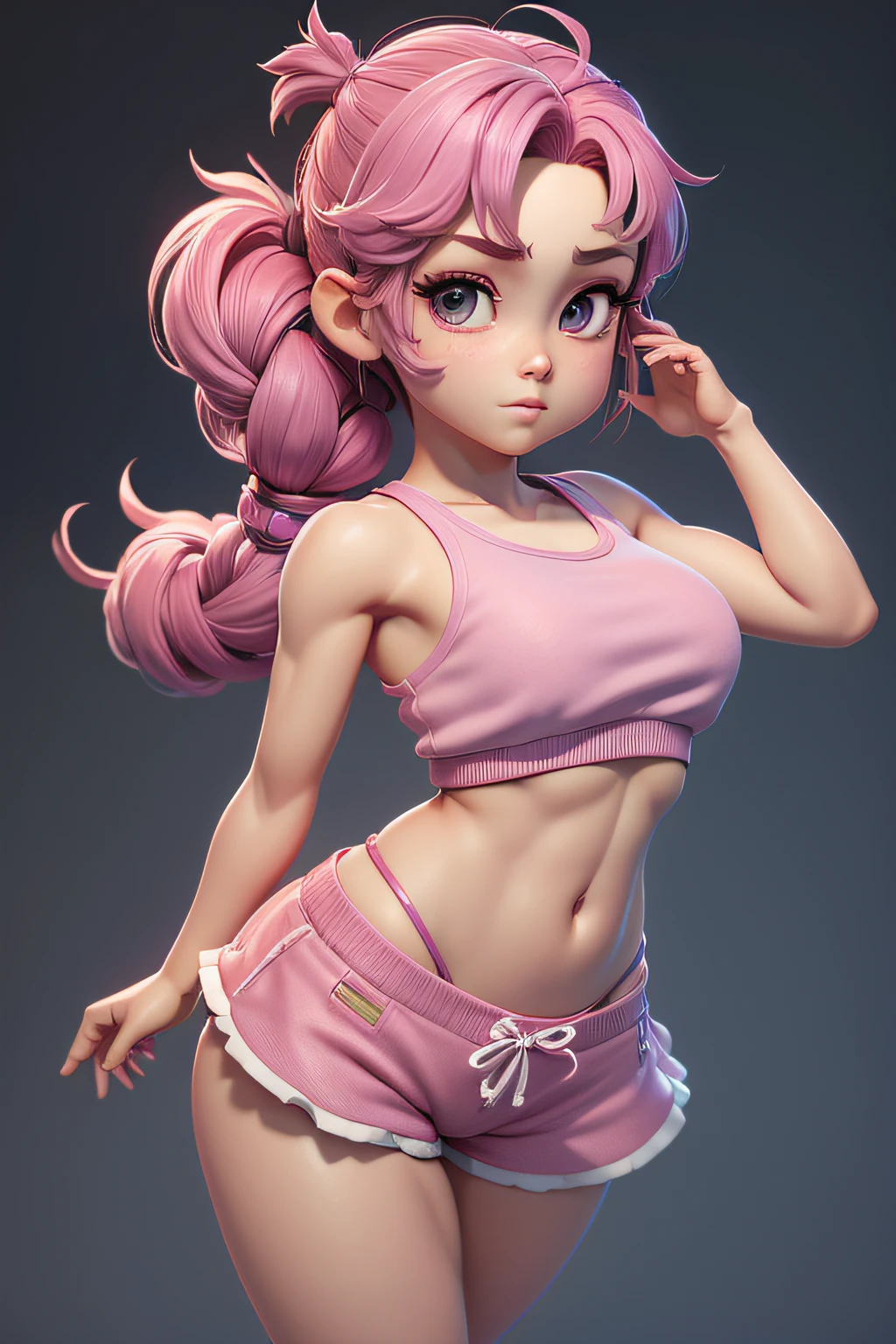 Mini sakura, (Sakura), menina solo, ray tracing, Estilo 3D, 3DMM, ((3 poses por foto)), ((3 poses em cada foto)), corpo inteiro,(Front view),(back vision), (view on the left), shorts cintura alta, mostrar barriga lisa, (((3 poses por foto))),(seios muito grandes), barriga perfeita, olhos perfeitos e simetricos, (perfect hands), corpo inteiro,Corpo inteiroesbiano, cheio de detalhe