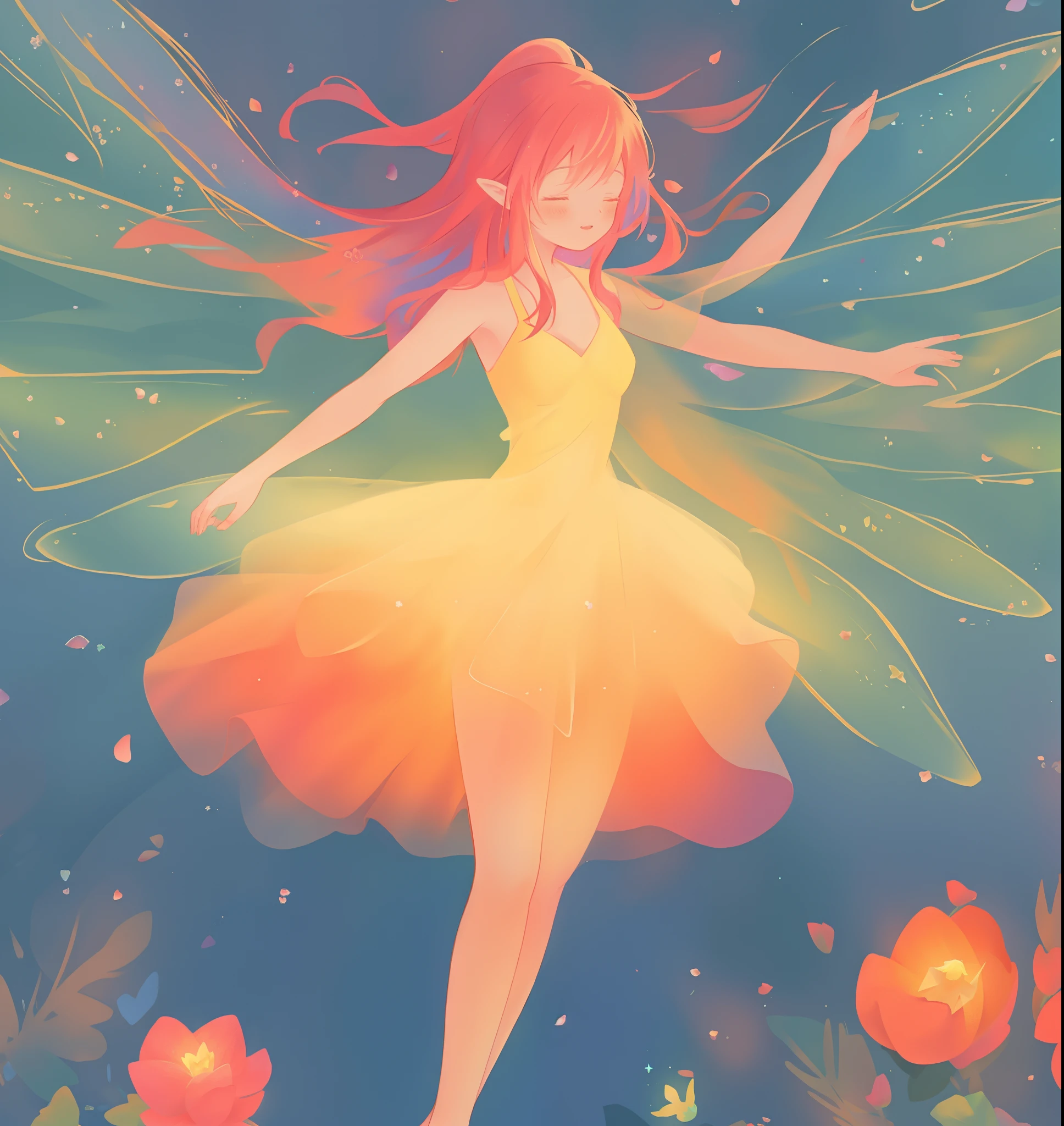 beautiful fairy girl in tiered layered dress, fairy dress made of flower petals, gradient layered tutu skirt, magical flowers, fairy queen, magical forest background, (glowing fairy wings), long wavy hair, sparkling fairy wings, watercolor illustration, flowers and colorful plants, inspired by Glen Keane, inspired by Lois van Baarle, disney art style, by Lois van Baarle, glowing aura around her, by Glen Keane, jen bartel, glowing lights! digital painting, flowing glowing hair, glowing flowing hair, beautiful digital illustration, fantasia otherworldly landscape plants flowers, beautiful, masterpiece, best quality, anime disney style