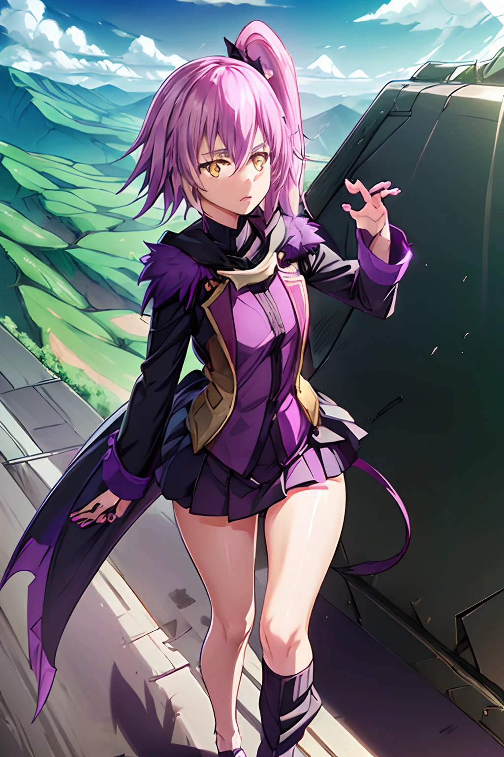 ((Work of art)))
a beautiful and cute girl, medium length purple hair tied in a side ponytail, (((bright golden eyes))),((purple nails))), she wears a military uniform with a black skirt and an armband on her left arm , ((scene of a giant dragon flying in the scenery)), standing, barefoot, serious expression, (((hiding hands)))