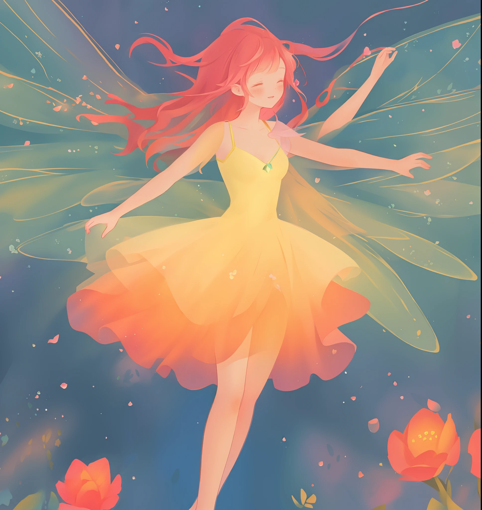 beautiful fairy girl in tiered layered dress, fairy dress made of flower petals, gradient layered tutu skirt, magical flowers, fairy queen, magical forest background, (glowing fairy wings), long wavy hair, sparkling fairy wings, watercolor illustration, flowers and colorful plants, inspired by Glen Keane, inspired by Lois van Baarle, disney art style, by Lois van Baarle, glowing aura around her, by Glen Keane, jen bartel, glowing lights! digital painting, flowing glowing hair, glowing flowing hair, beautiful digital illustration, fantasia otherworldly landscape plants flowers, beautiful, masterpiece, best quality, anime disney style