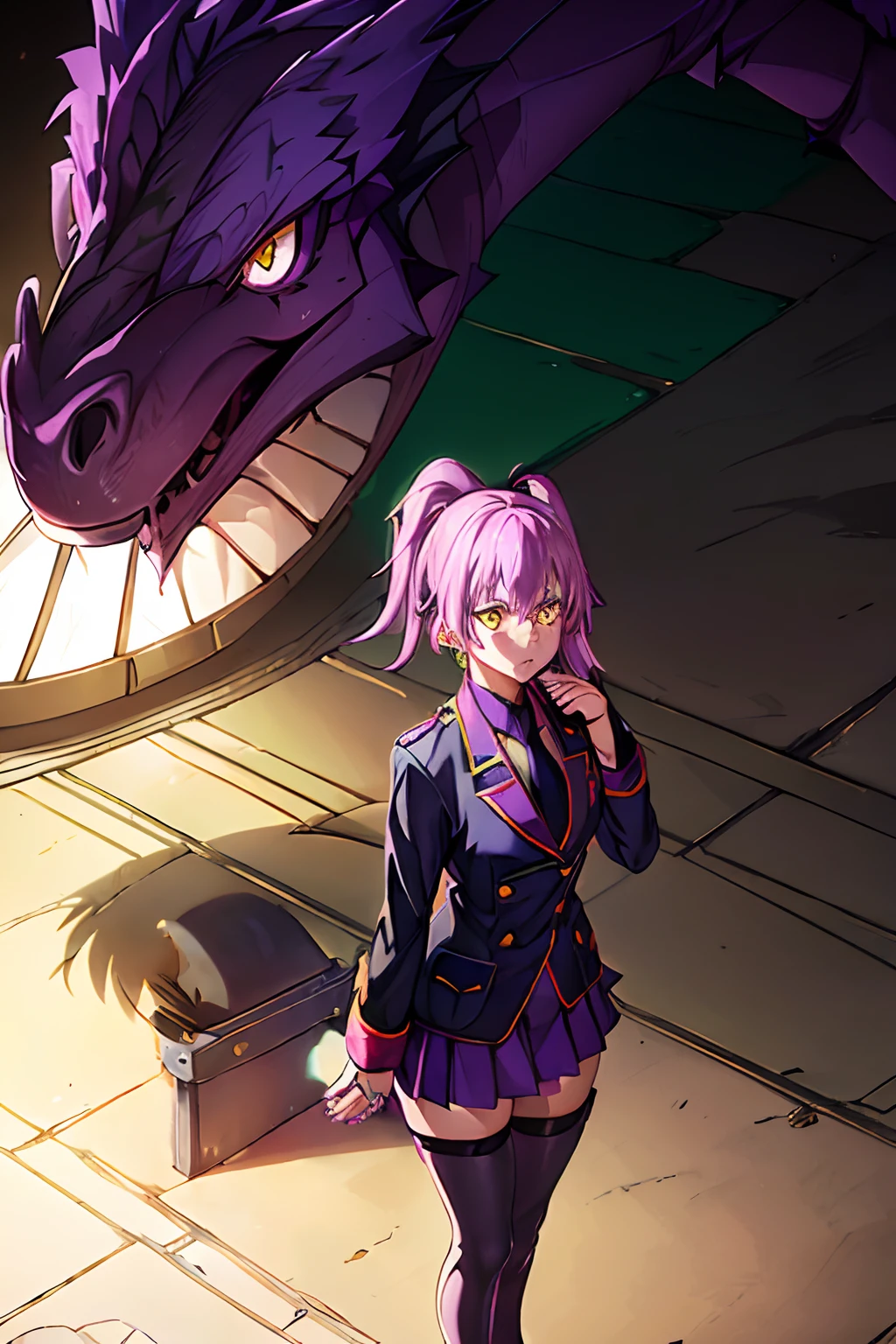 ((Work of art)))
a beautiful and cute girl, medium length purple hair tied in a side ponytail, (((bright golden eyes))),((purple nails))), she wears a military uniform with a black skirt and an armband on her left arm , ((scene of a giant dragon flying in the scenery)), standing, barefoot, serious expression, (((hiding hands)))