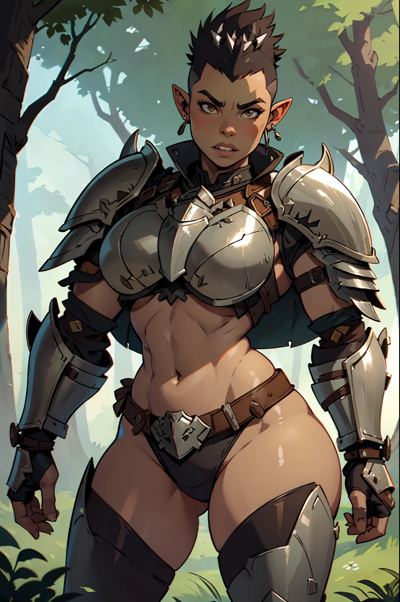 Solo, orc, girl, standing, muscular, (tusks, underbite), forest, teeth, ((armor, chestpiece, knight)), (big lips, thick lips), tan skin, ((mohawk)), abs, (big breasts, underboob)