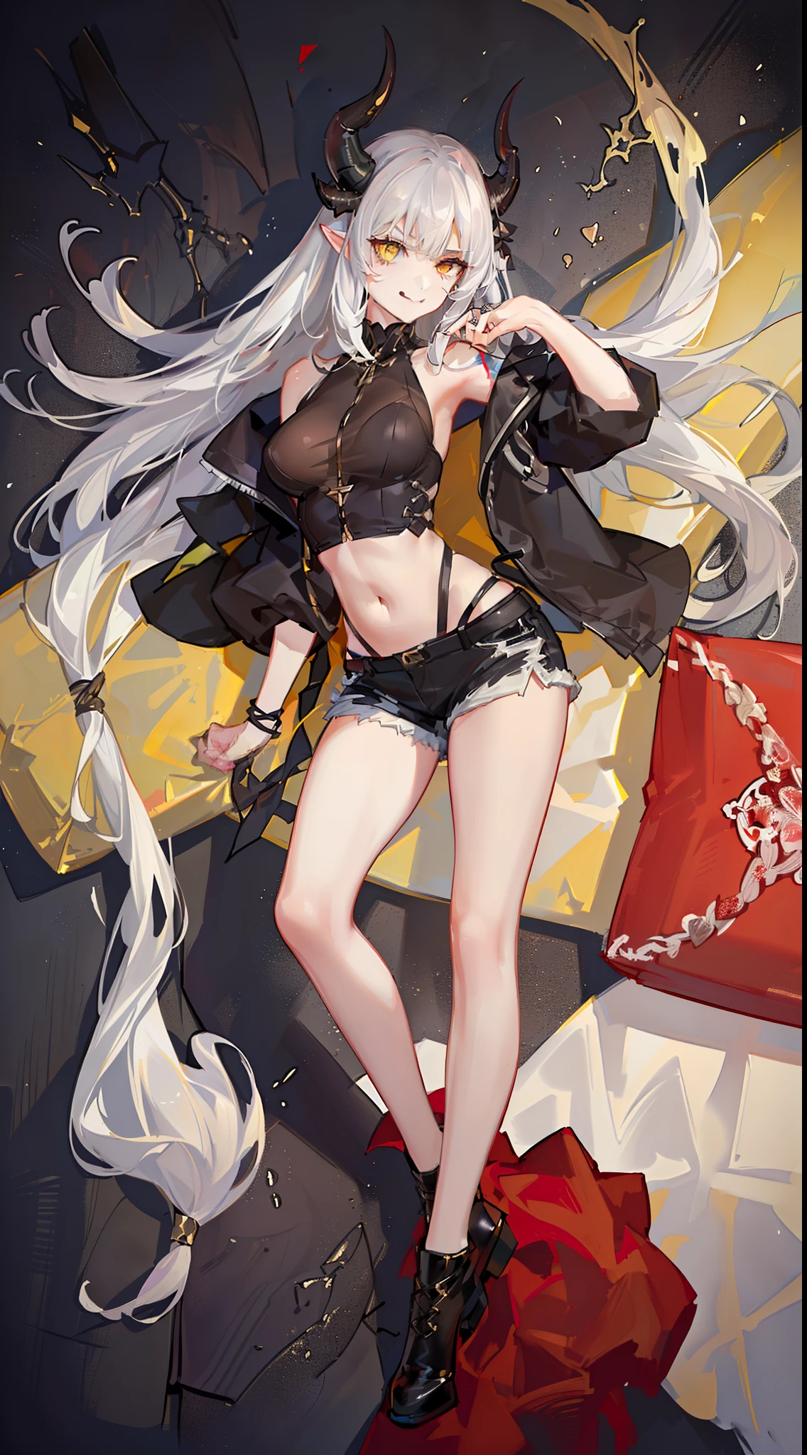 young girl, Long white hair, dragon horns, Yellow eyes, black skin, Black Girl, white tanktop, open belly, Shorts, tattoo, smirk, milkshake, park background, Masterpiece, hiquality, 4k, HD, Good detail