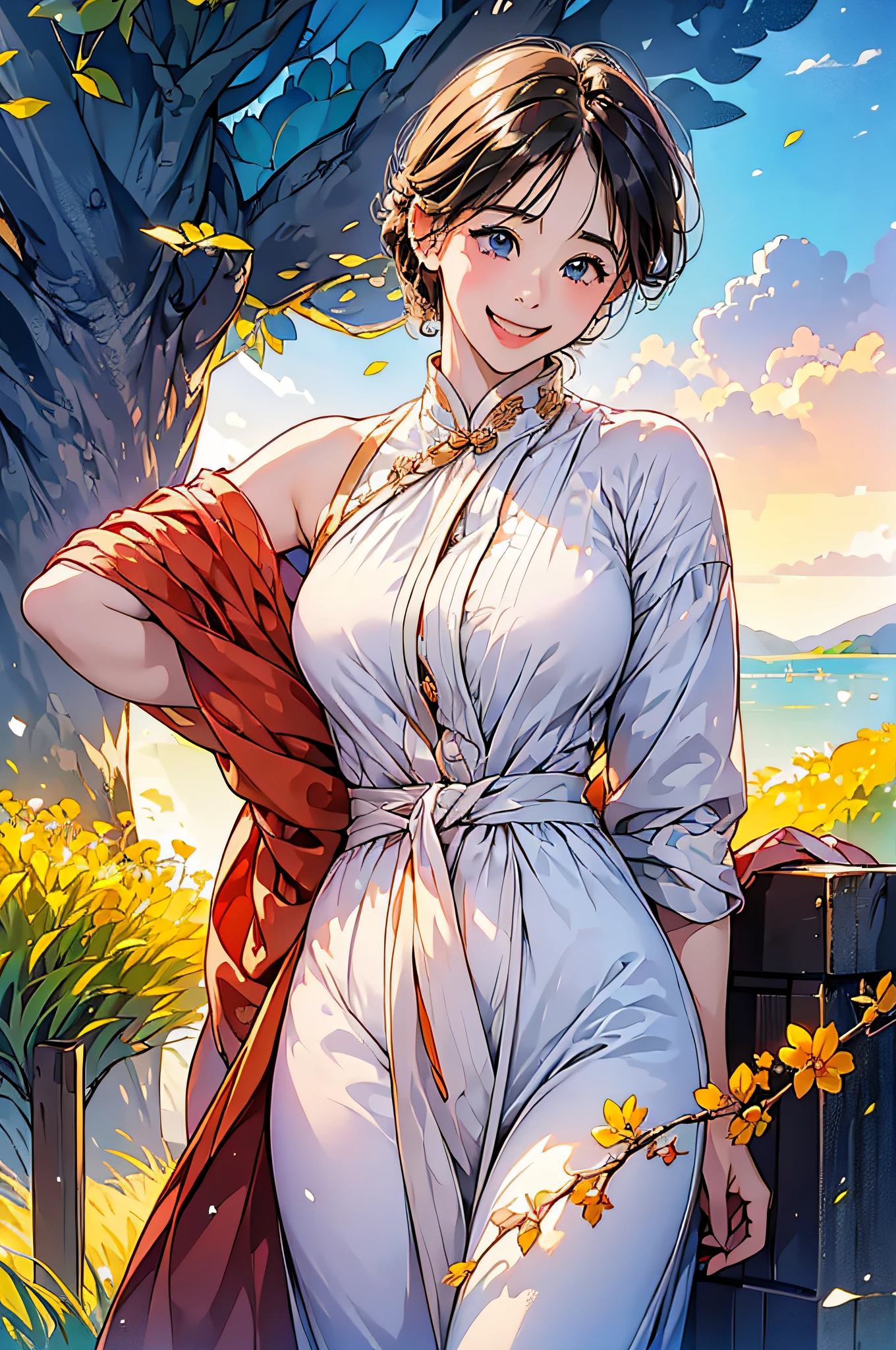 (in 8K、top-quality、​masterpiece:1.2)、1人の女性、(Smiling smile:1.1)、beautidful eyes、Valley、The upper part of the body、shorth hair、Like a boy、Colossal tits、red view、