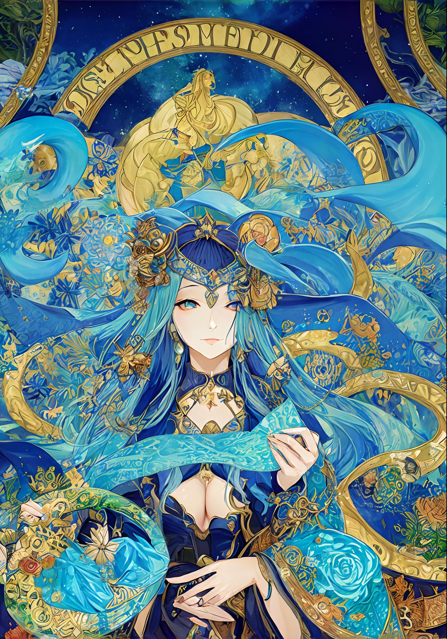 Close up portrait of blue-haired woman holding fan, anime fantasy illustration, anime art nouveau cosmic display, anime fantasy artwork, Korean Art Nouveau Anime, detailed anime art, queen of the sea mu yanling, Detailed anime artwork, Detailed Digital Anime Art, ((a beautiful fantasy empress)), beautiful anime artwork, a beautiful fantasy empress