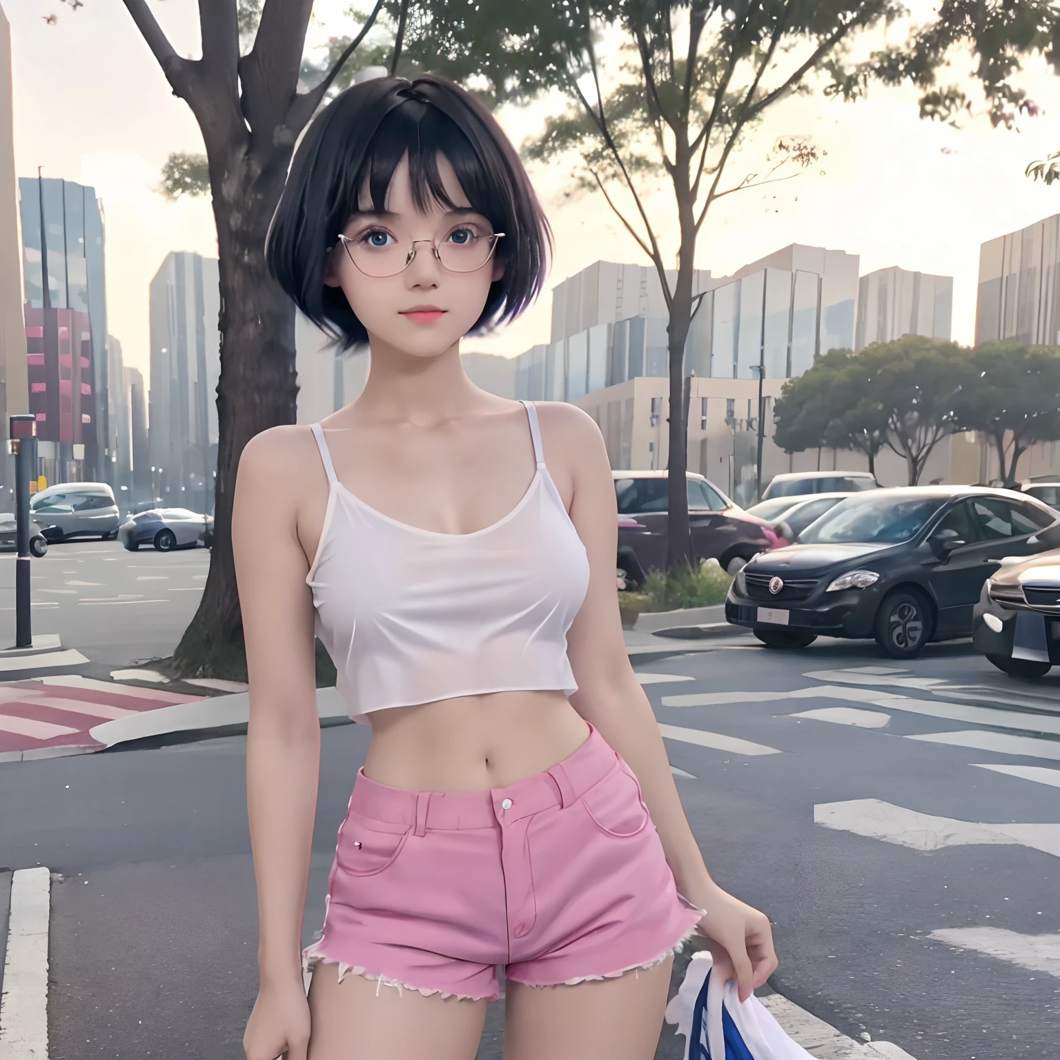 cute girl with black short anime hair and bangs, she is in eyeglasses, white transparent camisole, no bra, technically naked, tit, nipples, pink shorts, petite body, seen through, her skin bright, beautiful blue eyes, elegant, outdoor, 8k detailed high quality, nsfw, semi-realistic anime art