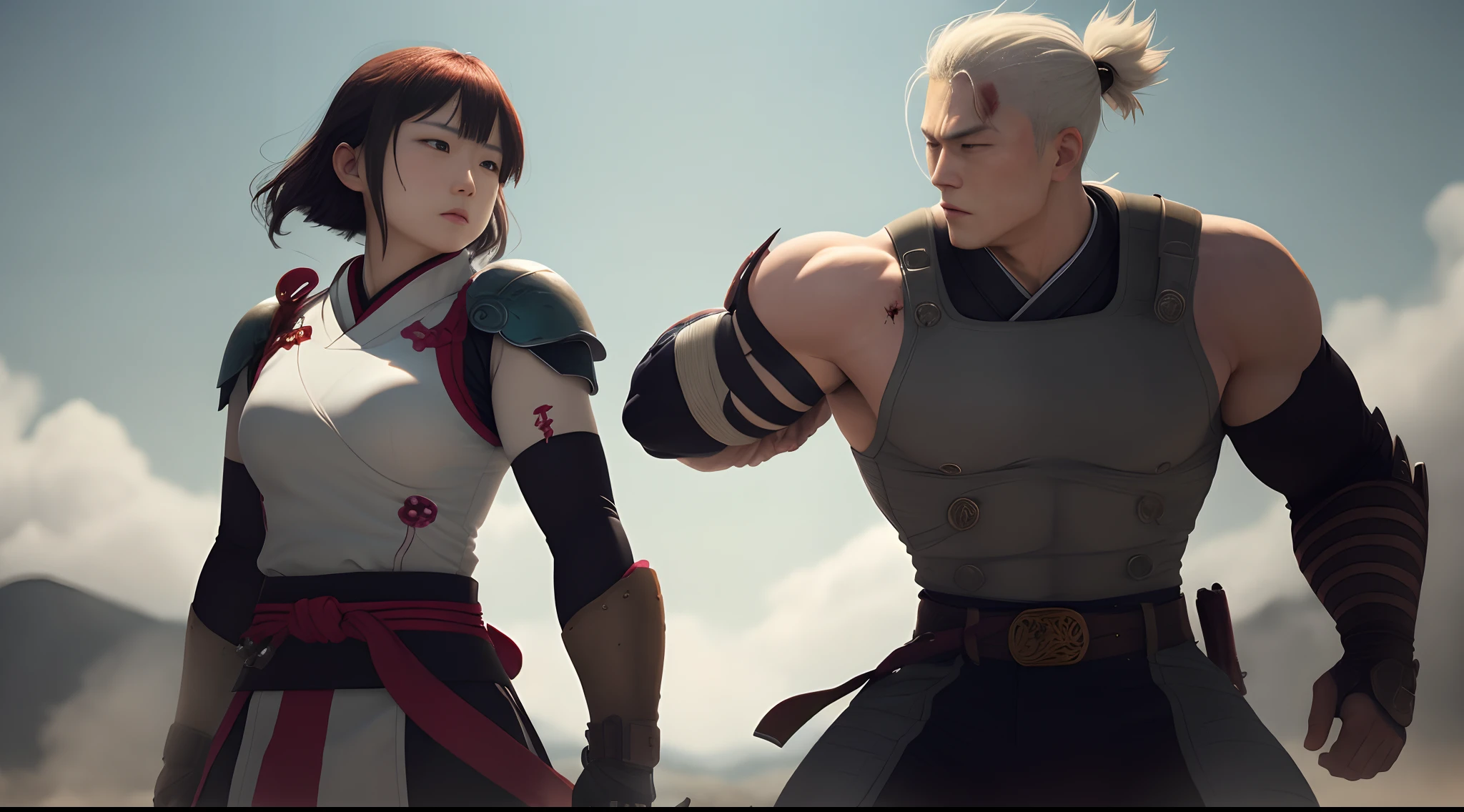 "Capture the dynamic moment of Nanami and Gojo in a post-battle stance. Nanami appears fatigued and displays a few wounds from the intense fight, while Gojo stands beside him with an air of calm confidence, completely unscathed. Highlight their contrasting postures and expressions to emphasize Gojo's unmatched strength."