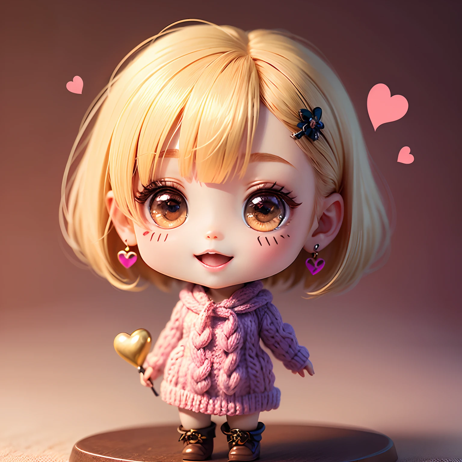 ​masterpiece、top-quality、ultra-detailliert、(Chibi Chara's Daughter:1.2)、(Earrings with a heart motif:1.2)Bright pink(Heart motif knit:1.2)、Blonde Bob、Pin Vanguard wallpaper background、Full-body standing figure、Open your mouth and smile、Solo