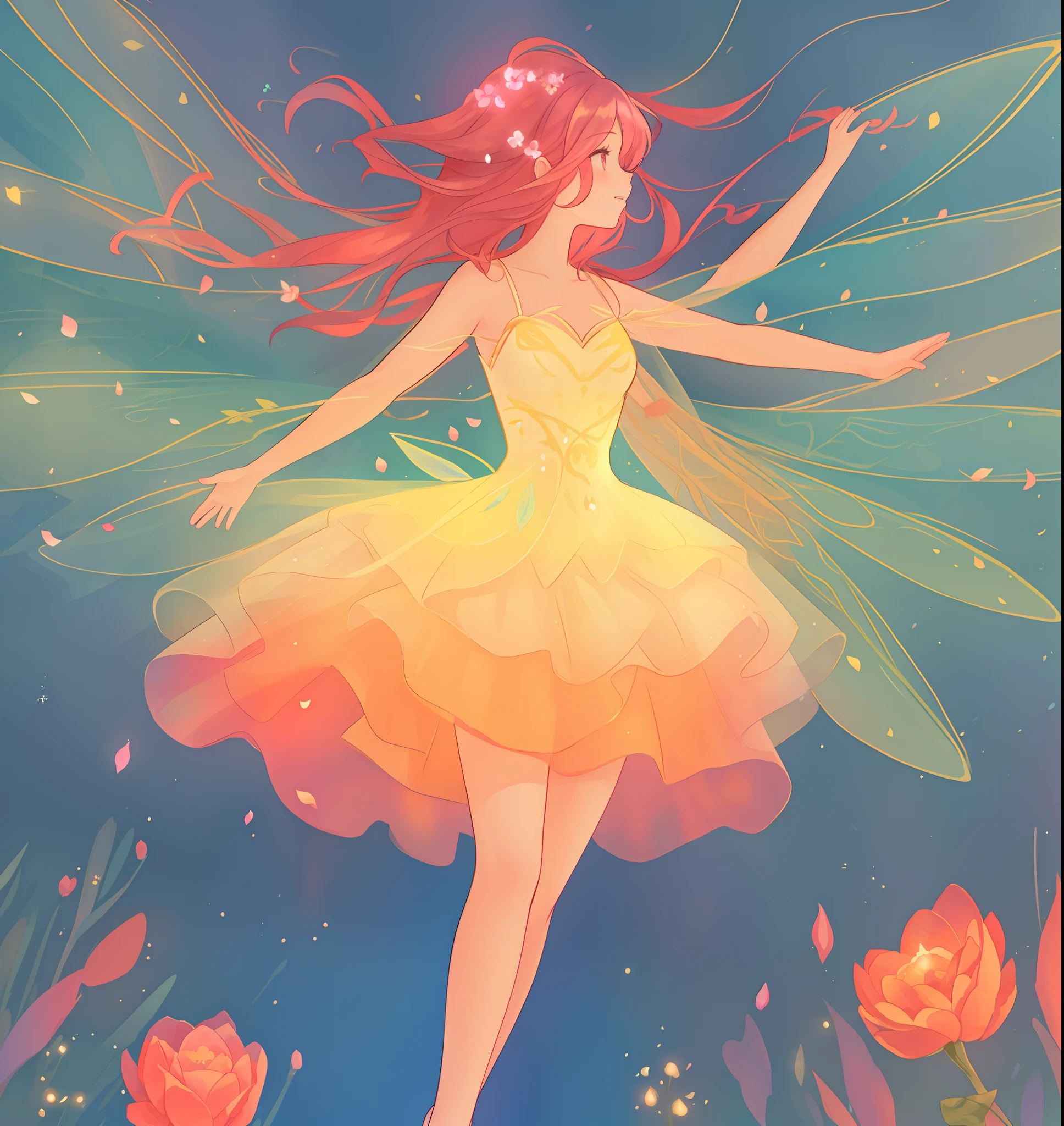beautiful fairy girl in tiered layered dress, fairy dress made of flower petals, gradient layered tutu skirt, magical flowers, fairy queen, magical forest background, (glowing fairy wings), long wavy hair, sparkling fairy wings, watercolor illustration, flowers and colorful plants, inspired by Glen Keane, inspired by Lois van Baarle, disney art style, by Lois van Baarle, glowing aura around her, by Glen Keane, jen bartel, glowing lights! digital painting, flowing glowing hair, glowing flowing hair, beautiful digital illustration, fantasia otherworldly landscape plants flowers, beautiful, masterpiece, best quality, anime disney style