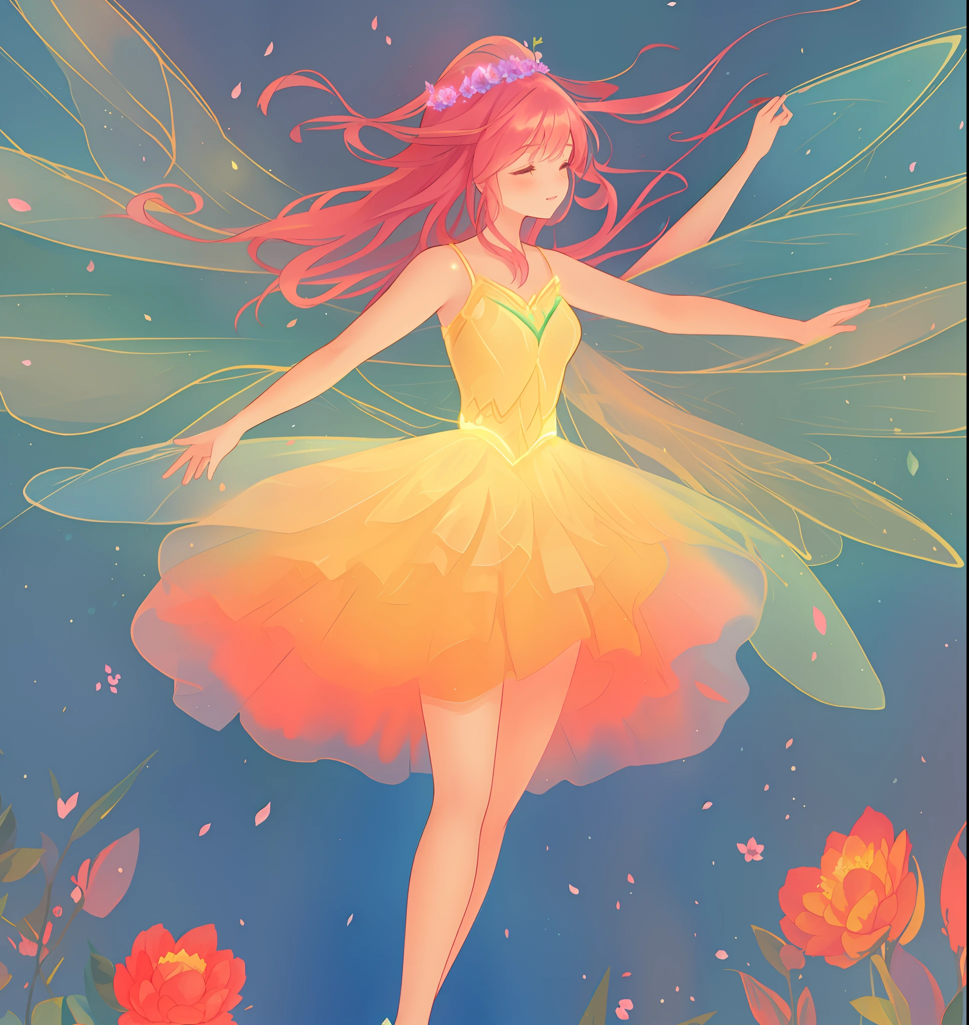 beautiful fairy girl in tiered layered dress, fairy dress made of flower petals, gradient layered tutu skirt, magical flowers, fairy queen, magical forest background, (glowing fairy wings), long wavy hair, sparkling fairy wings, watercolor illustration, flowers and colorful plants, inspired by Glen Keane, inspired by Lois van Baarle, disney art style, by Lois van Baarle, glowing aura around her, by Glen Keane, jen bartel, glowing lights! digital painting, flowing glowing hair, glowing flowing hair, beautiful digital illustration, fantasia otherworldly landscape plants flowers, beautiful, masterpiece, best quality, anime disney style