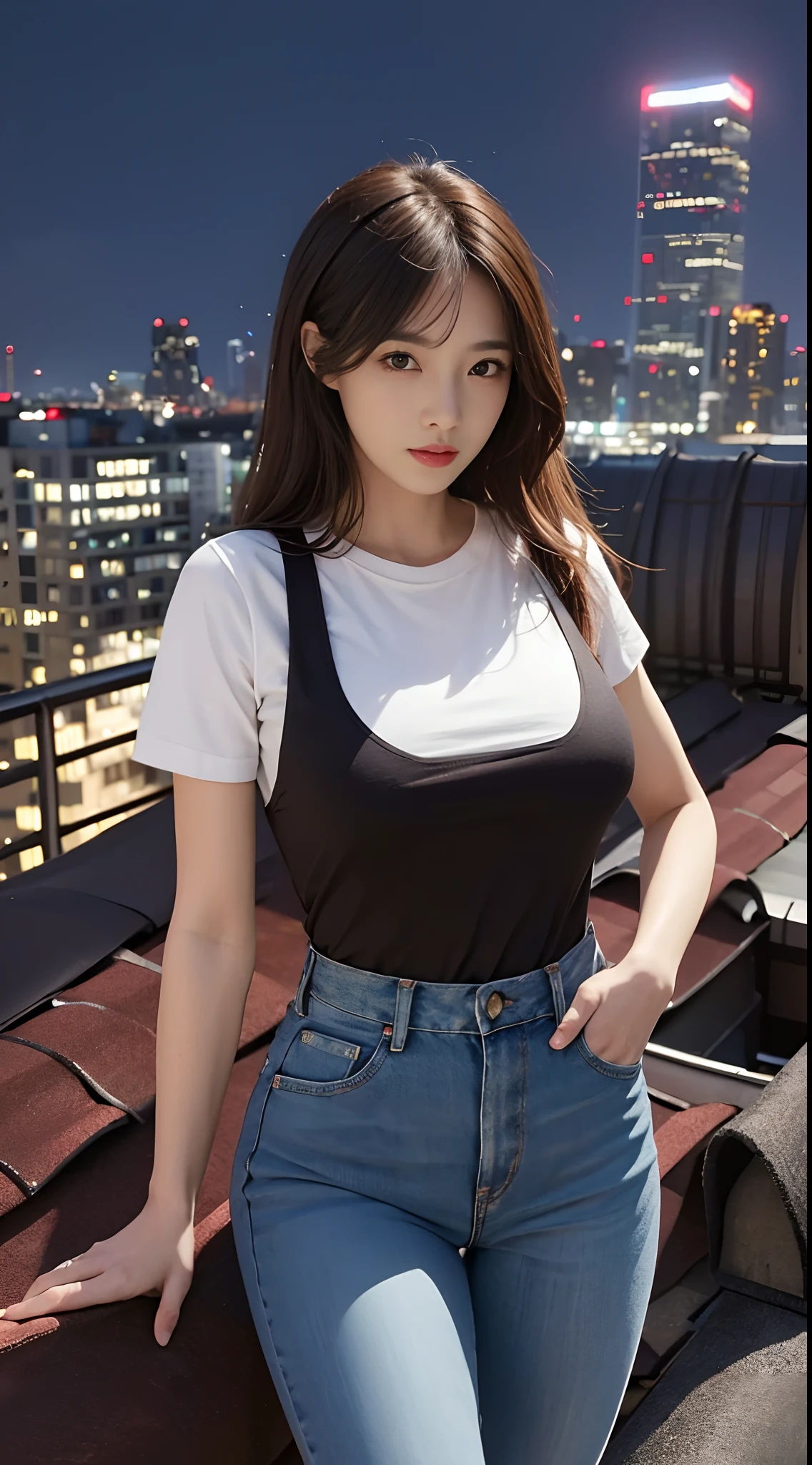 ((Midnight, Best quality, 8k, Masterpiece :1.3)), Whole body, Long legs, Sharp focus :1.2, A pretty woman with perfect figure :1.4, Slender abs :1.1, ((Dark brown hair, Big breasts :1.2)), (White tight tshirt, Jean bib, Standing:1.2), ((Night city view, Rooftop:1.3)), Highly detailed face and skin texture, Detailed eyes, Double eyelid