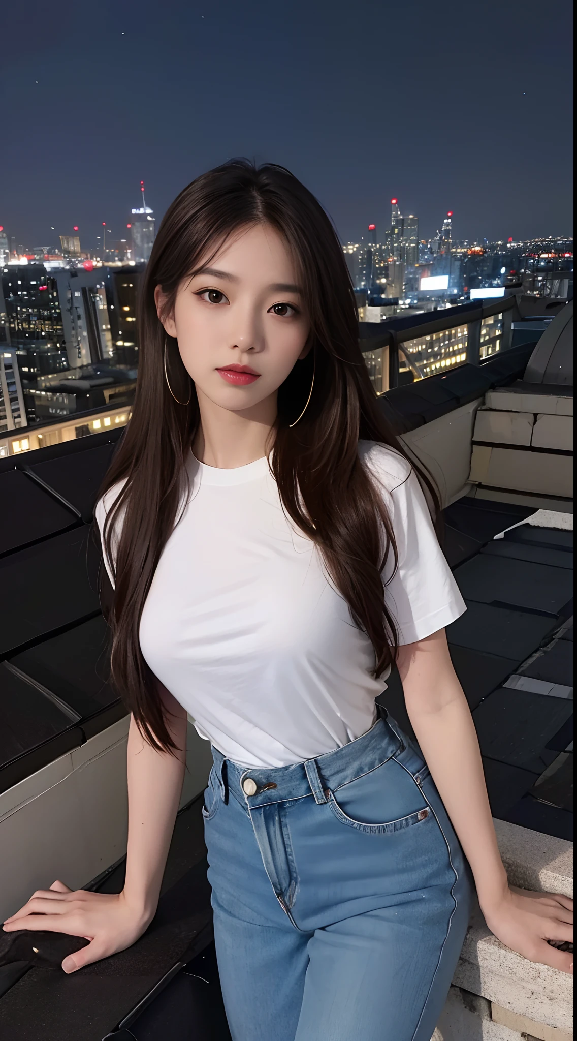 ((Midnight, Best quality, 8k, Masterpiece :1.3)), Whole body, Long legs, Sharp focus :1.2, A pretty woman with perfect figure :1.4, Slender abs :1.1, ((Dark brown hair, Big breasts :1.2)), (White tight tshirt, Jean bib, Standing:1.2), ((Night city view, Rooftop:1.3)), Highly detailed face and skin texture, Detailed eyes, Double eyelid