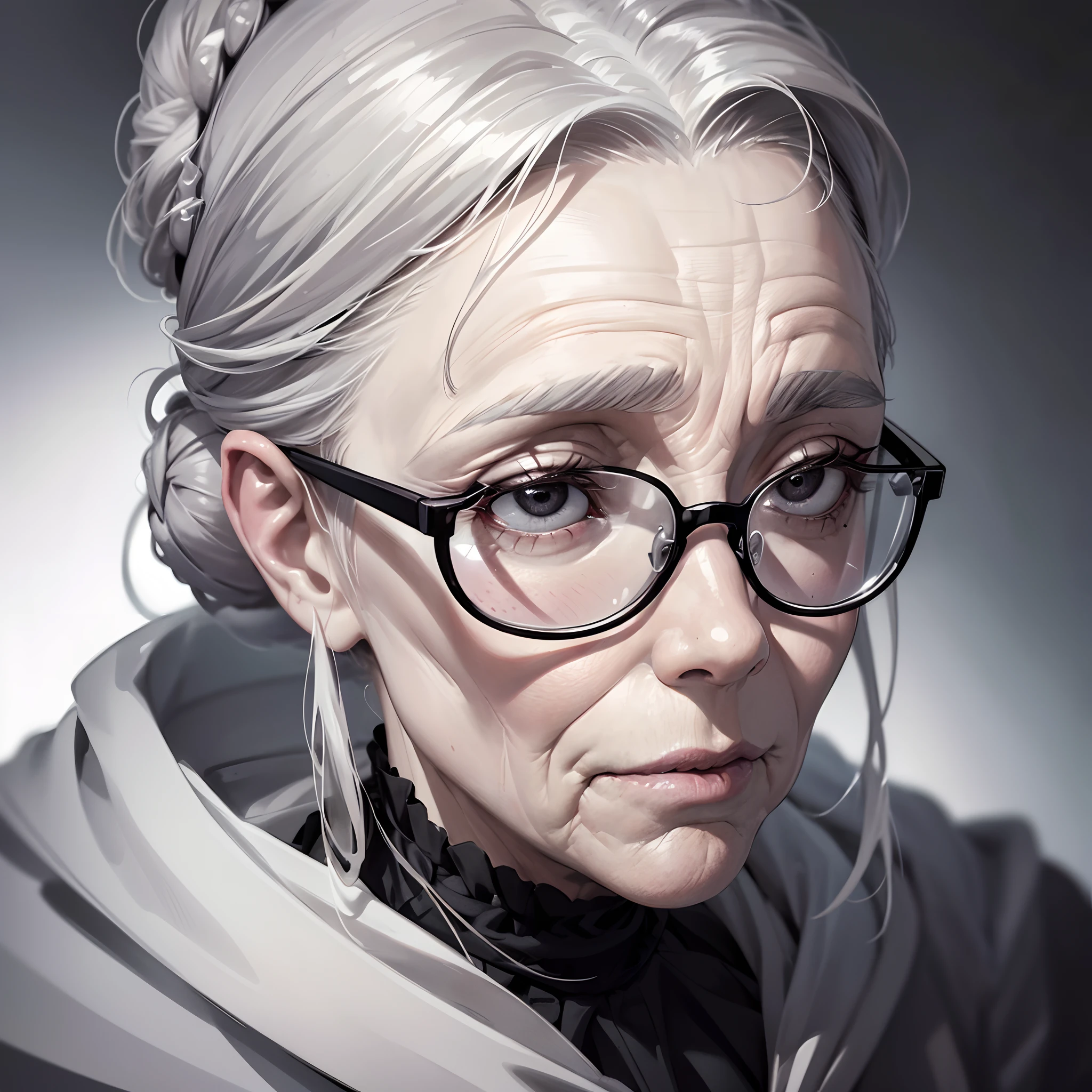 (best quality,highres),(realistic:1.37),elderly woman,long nose,deep wrinkles around the eyes,pale skin,thin almost skeletal hands,hair tied in a bun,dark gray tone,black eyes,glasses