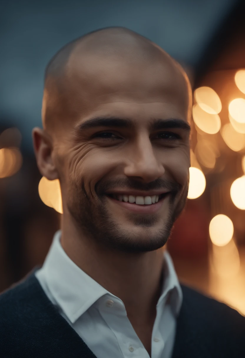 O Homem com o Sorriso Maligno Button-Down Shirt, chuva na cidade, fire, queimando em segundo plano, shaved head, red rim lighting, 8k, UHD, [candid, amador], Cinematic lighting, parte superior do corpo, Rosto altamente detalhado, fechar para cima, serious face, Villanious