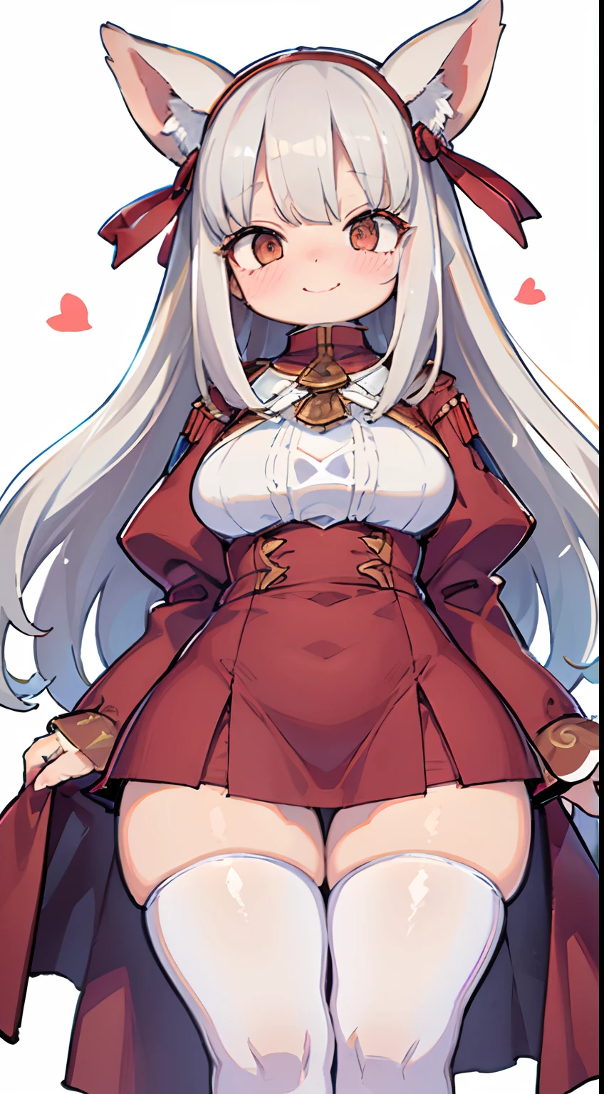 masterpiece, best quality, 1girl, adult body, large body, white hair, brown eyes, long hair, smile, mouth, lips, open, (old clothing), (80s), front view, standing, lighting, (white background), heart effect, shy, hands behind the back, big chest, thick legs, thick thighs