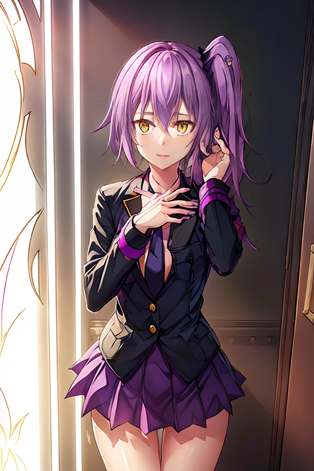 ((Work of art)))
a beautiful and cute girl, medium length purple hair tied in a side ponytail, (((bright golden eyes))),((purple nails))), she wears a military uniform with a black skirt and an armband on her left arm , ((scenario in hell with several demons around you)), standing, barefoot, posing for me, (((perfect hands)))