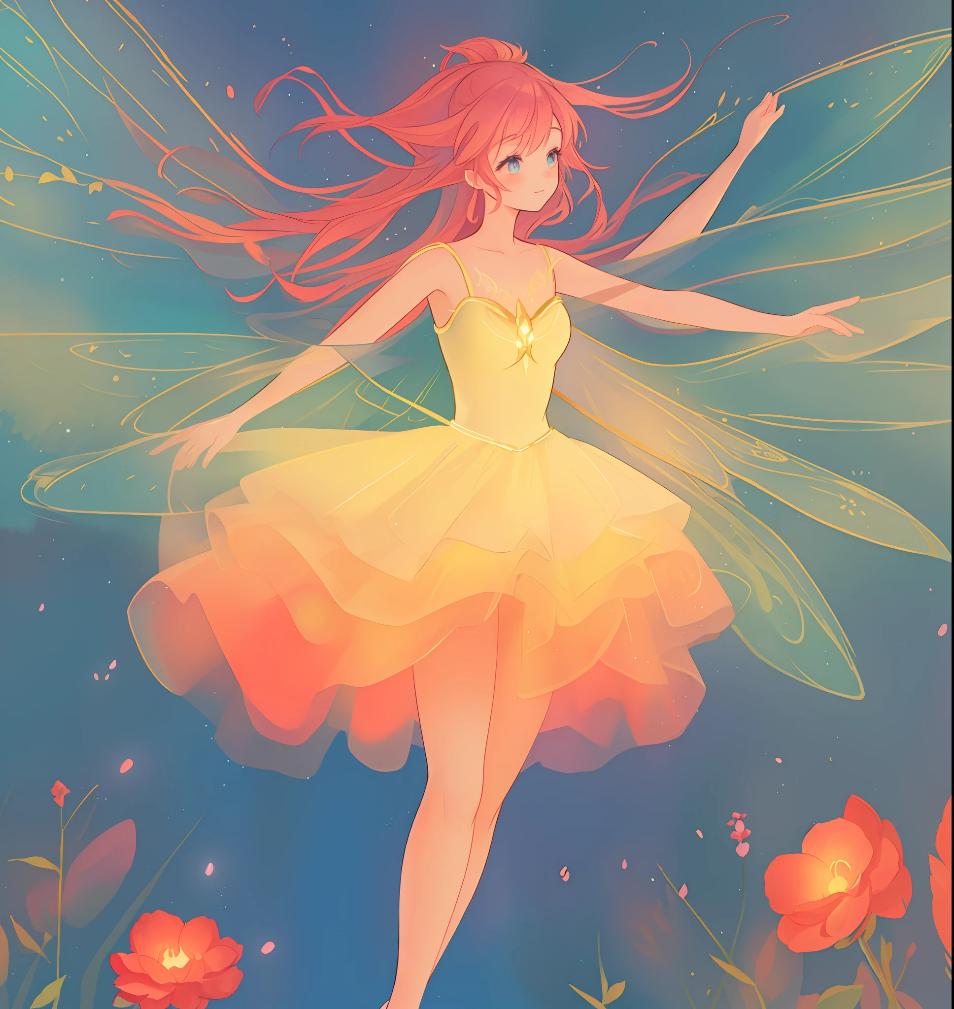 beautiful girl in flowing tiered layered ballgown dress, fairy dress, fairy queen, magical forest background, (glowing fairy wings), glowing flowing ballgown, long wavy hair, sparkling fairy wings, watercolor illustration, flowers and colorful plants, inspired by Glen Keane, inspired by Lois van Baarle, disney art style, by Lois van Baarle, glowing aura around her, by Glen Keane, jen bartel, glowing lights! digital painting, flowing glowing hair, glowing flowing hair, beautiful digital illustration, fantasia otherworldly landscape plants flowers, beautiful, masterpiece, best quality, anime disney style