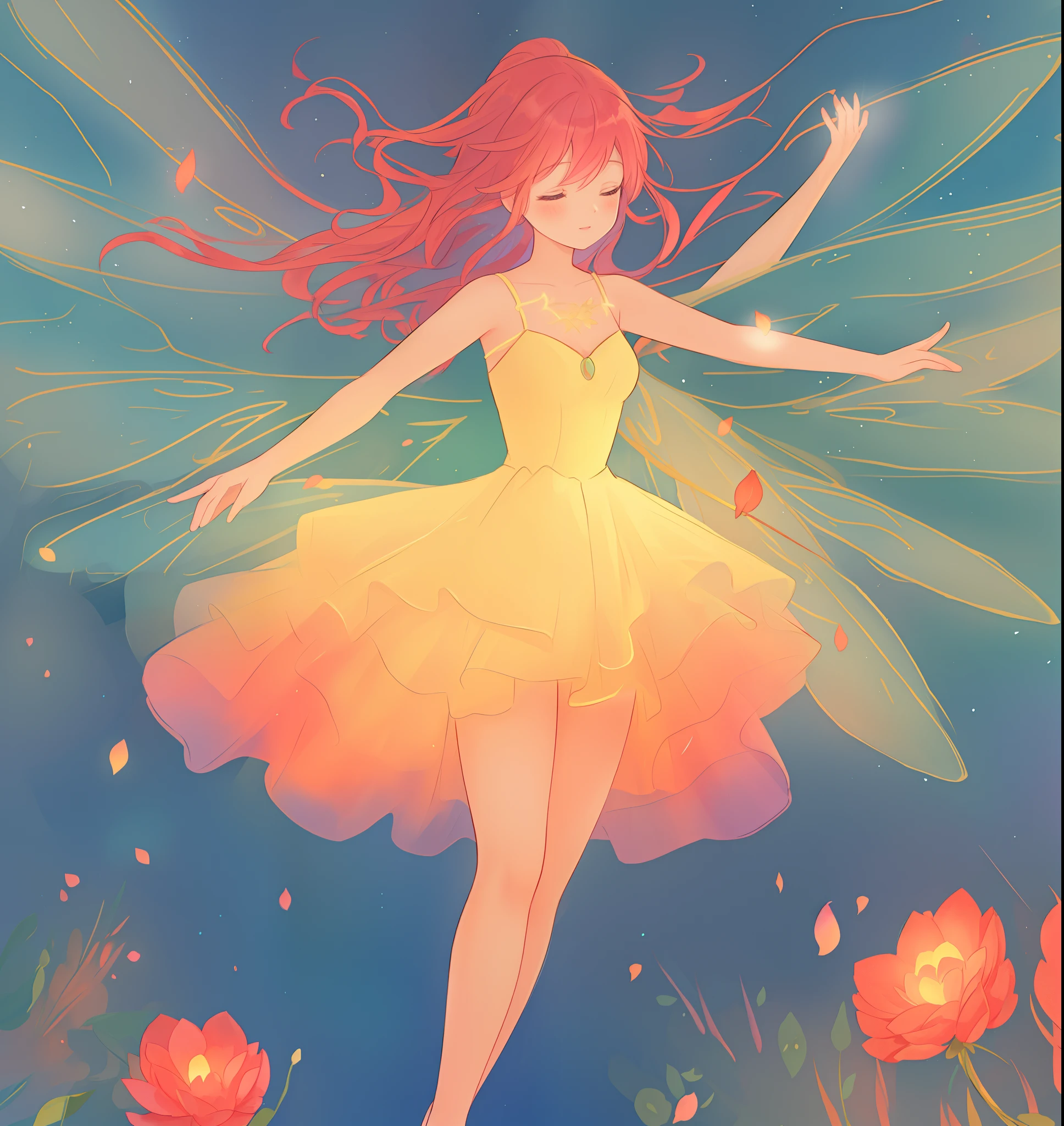 beautiful girl in flowing tiered layered ballgown dress, fairy dress, fairy queen, magical forest background, (glowing fairy wings), glowing flowing ballgown, long wavy hair, sparkling fairy wings, watercolor illustration, flowers and colorful plants, inspired by Glen Keane, inspired by Lois van Baarle, disney art style, by Lois van Baarle, glowing aura around her, by Glen Keane, jen bartel, glowing lights! digital painting, flowing glowing hair, glowing flowing hair, beautiful digital illustration, fantasia otherworldly landscape plants flowers, beautiful, masterpiece, best quality, anime disney style