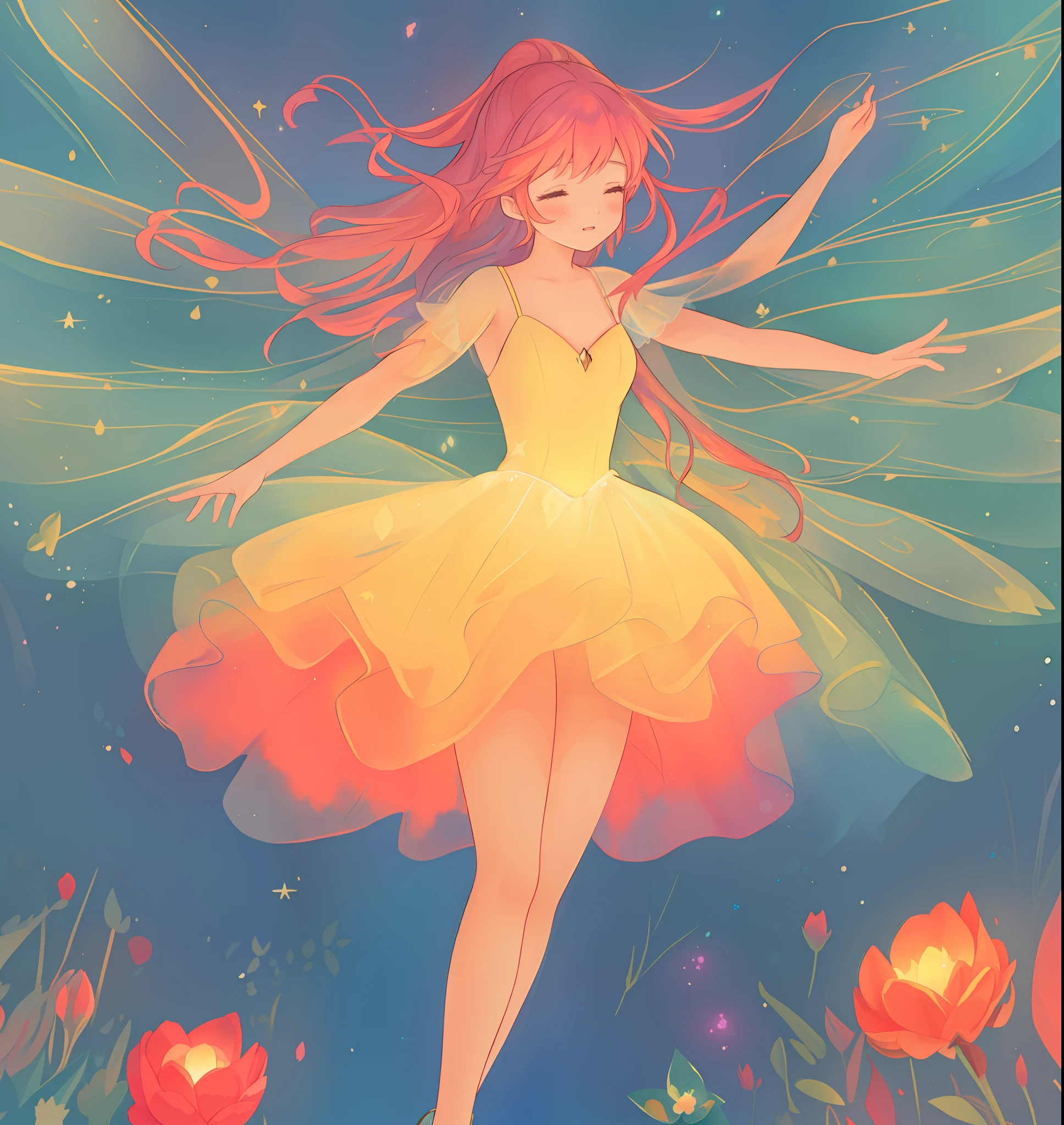beautiful girl in flowing tiered layered ballgown dress, fairy dress, fairy queen, magical forest background, (glowing fairy wings), glowing flowing ballgown, long wavy hair, sparkling fairy wings, watercolor illustration, flowers and colorful plants, inspired by Glen Keane, inspired by Lois van Baarle, disney art style, by Lois van Baarle, glowing aura around her, by Glen Keane, jen bartel, glowing lights! digital painting, flowing glowing hair, glowing flowing hair, beautiful digital illustration, fantasia otherworldly landscape plants flowers, beautiful, masterpiece, best quality, anime disney style