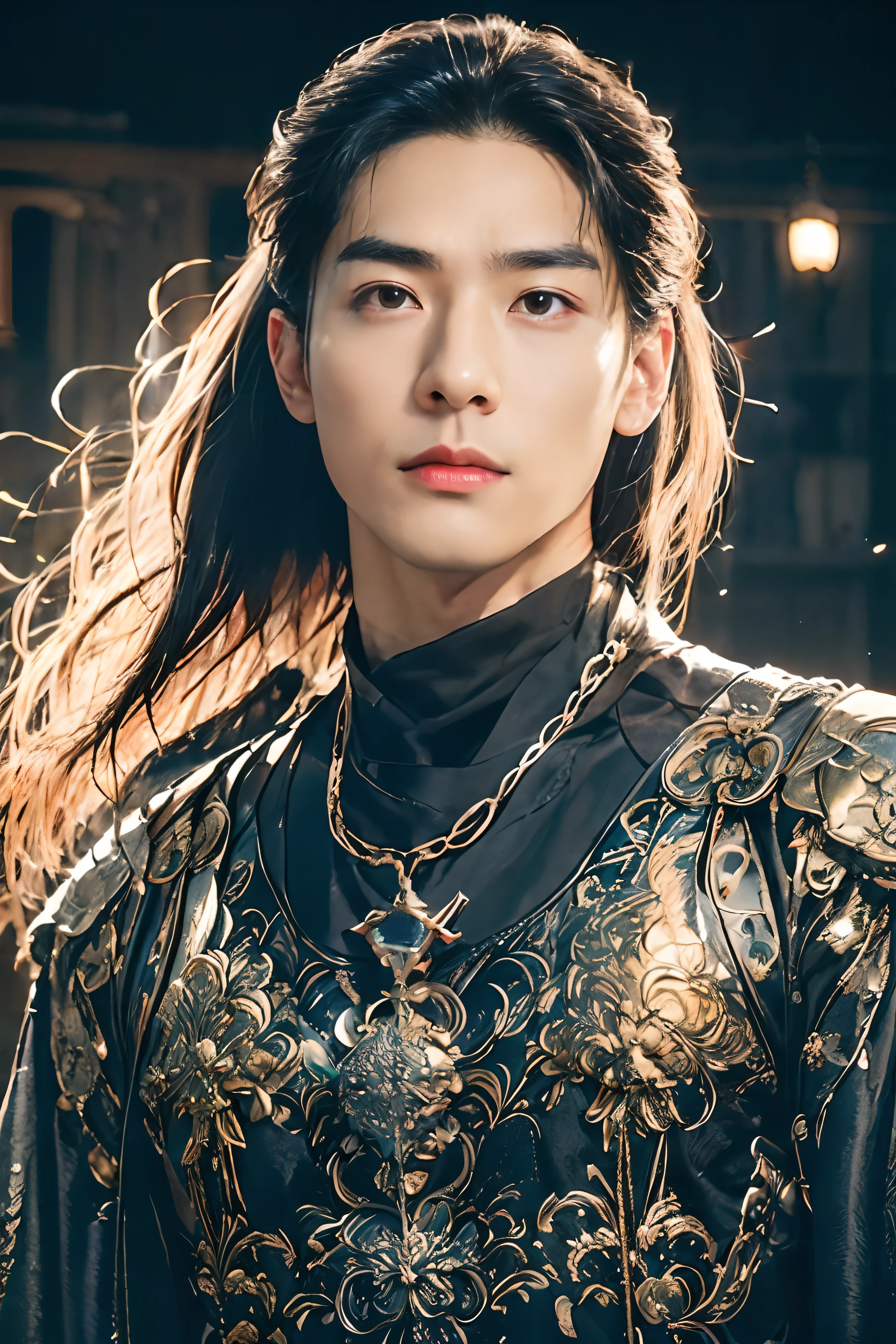 A 21-year-old Asian man,Thick eyebrows,Melon seed face,Handsome face,Men's full body ,A transparent streamer is tied to the body and flutters in the wind,The background is an ancient Chinese town,Time is night。Deep blue sky,A full moon,Lots of black lanterns,Pavilions and arch bridges,His skin is fair,He is slender, The limbs have pronounced muscle lines,high-definition photography,Real-world scenarios,Lots of detail, wearing black long coat, black long pants, black turtleneck shirt, lightning, magic, messy long hair, battle pose, warrior, looking at viewer, army leader, everybody is afraid of him, brave