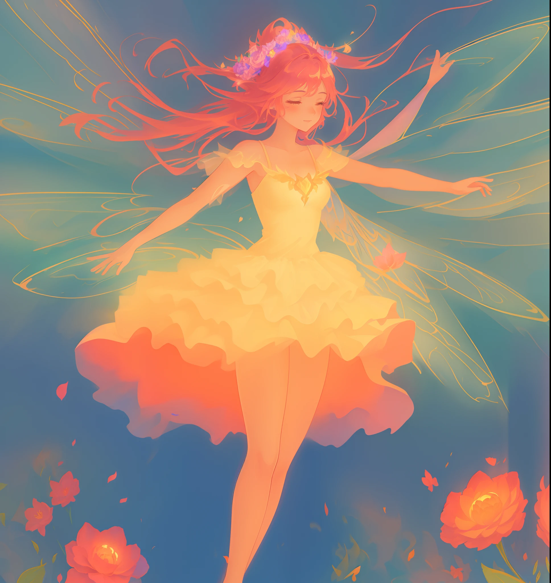 beautiful girl in flowing tiered layered ballgown dress, fairy dress, fairy queen, magical forest background, (glowing fairy wings), glowing flowing ballgown, long wavy hair, sparkling fairy wings, watercolor illustration, flowers and colorful plants, inspired by Glen Keane, inspired by Lois van Baarle, disney art style, by Lois van Baarle, glowing aura around her, by Glen Keane, jen bartel, glowing lights! digital painting, flowing glowing hair, glowing flowing hair, beautiful digital illustration, fantasia otherworldly landscape plants flowers, beautiful, masterpiece, best quality, anime disney style