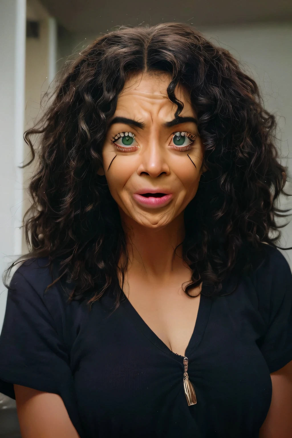 Funny and quirky expression, Eyes wide open in a tone of pleasure and comedy, Forehead with expressions